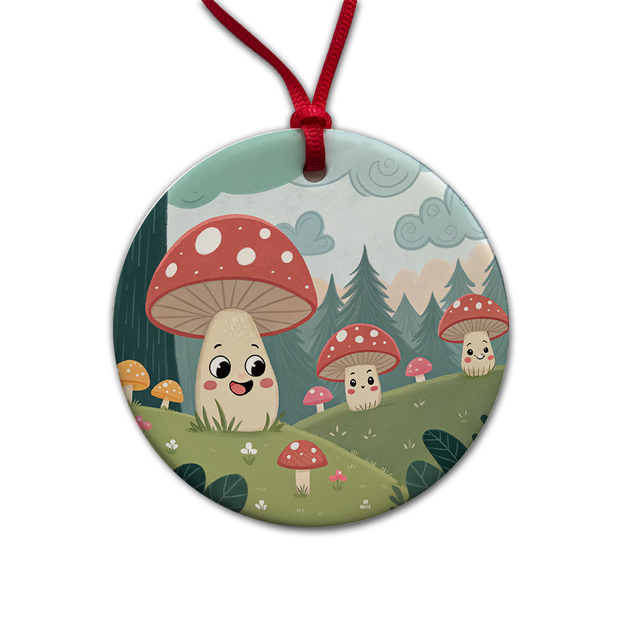 Kawaii Forest Mushrooms Round Ceramic Holiday Christmas Tree Ornament