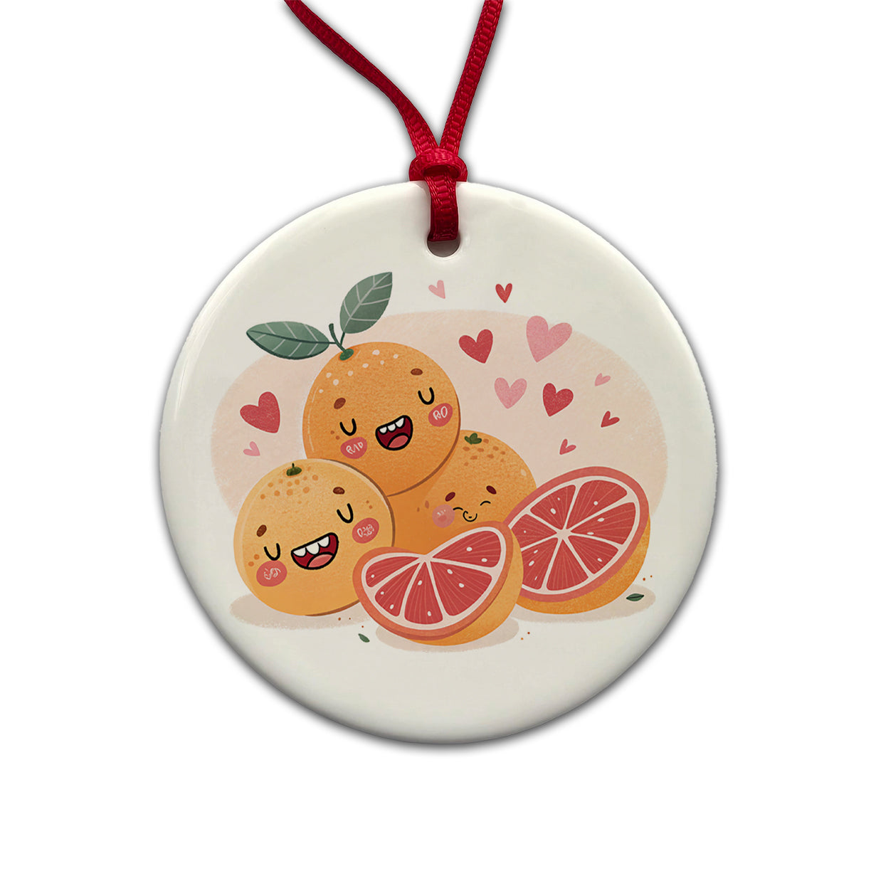 Kawaii Grapefruits And Hearts Round Ceramic Holiday Christmas Tree Ornament