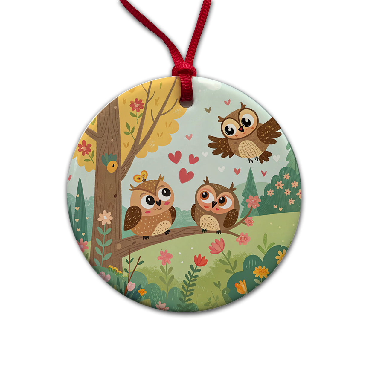 Kawaii Great Horned Owls Round Ceramic Holiday Christmas Tree Ornament