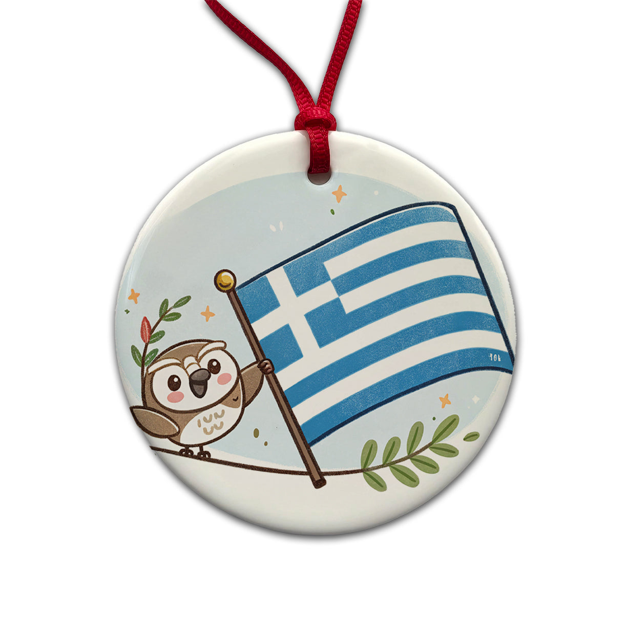 Kawaii Greece Flag Round Ceramic Holiday Christmas Tree Ornament