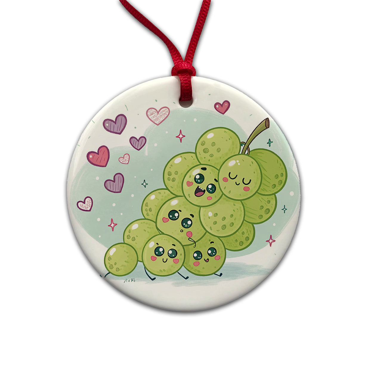 Kawaii Green Grapes And Hearts Round Ceramic Holiday Christmas Tree Ornament