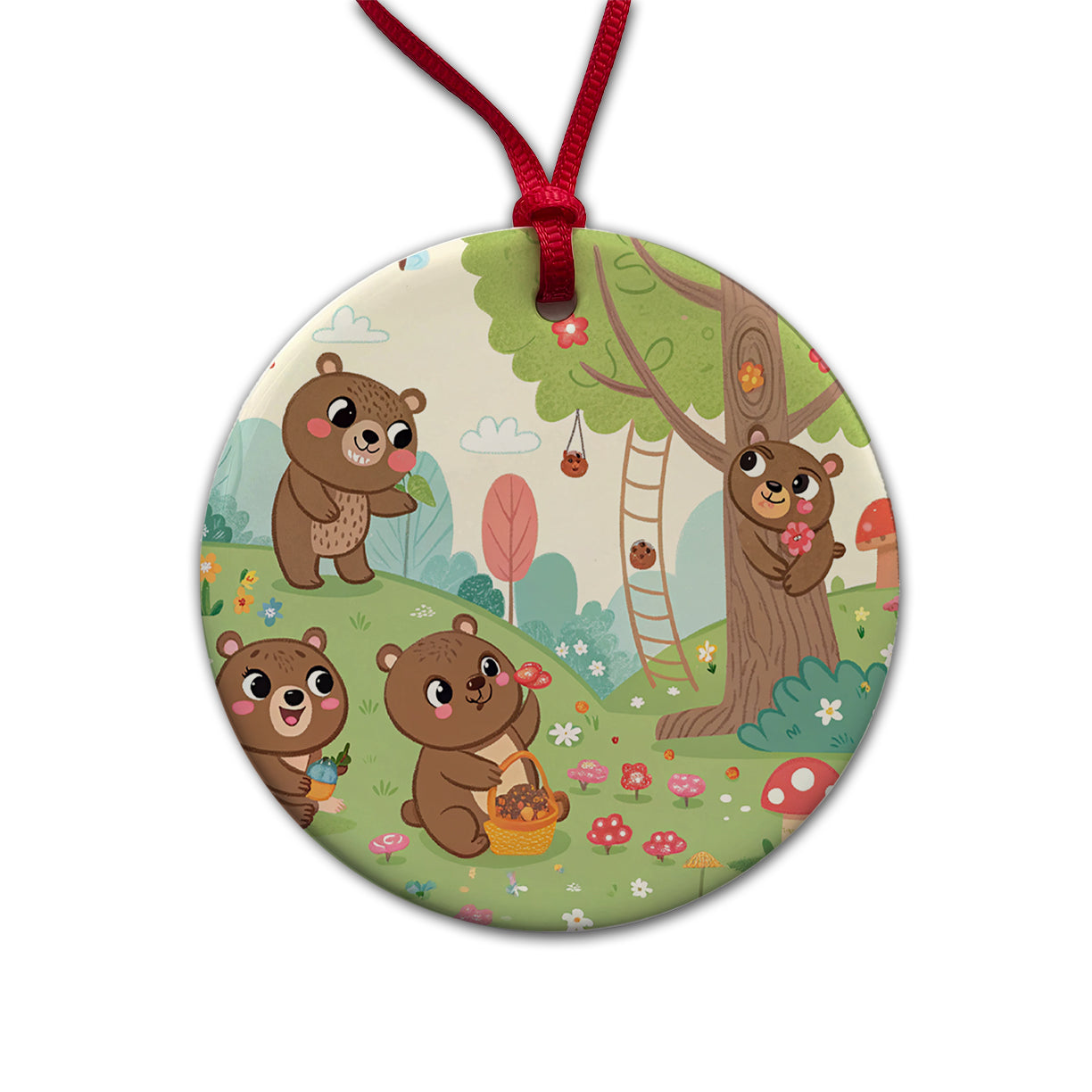 Kawaii Grizzly Bears Round Ceramic Holiday Christmas Tree Ornament