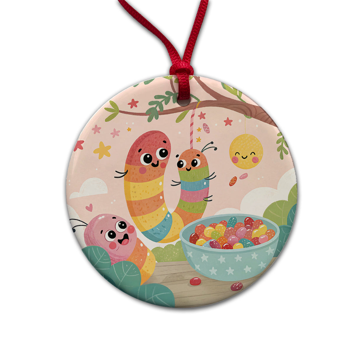 Kawaii Gummi Worms Jelly Beans Round Ceramic Holiday Christmas Tree Ornament