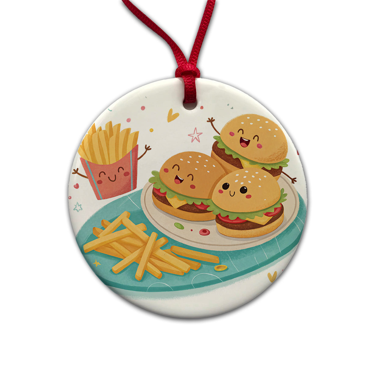 Kawaii Hamburgers And Fries Round Ceramic Holiday Christmas Tree Ornament
