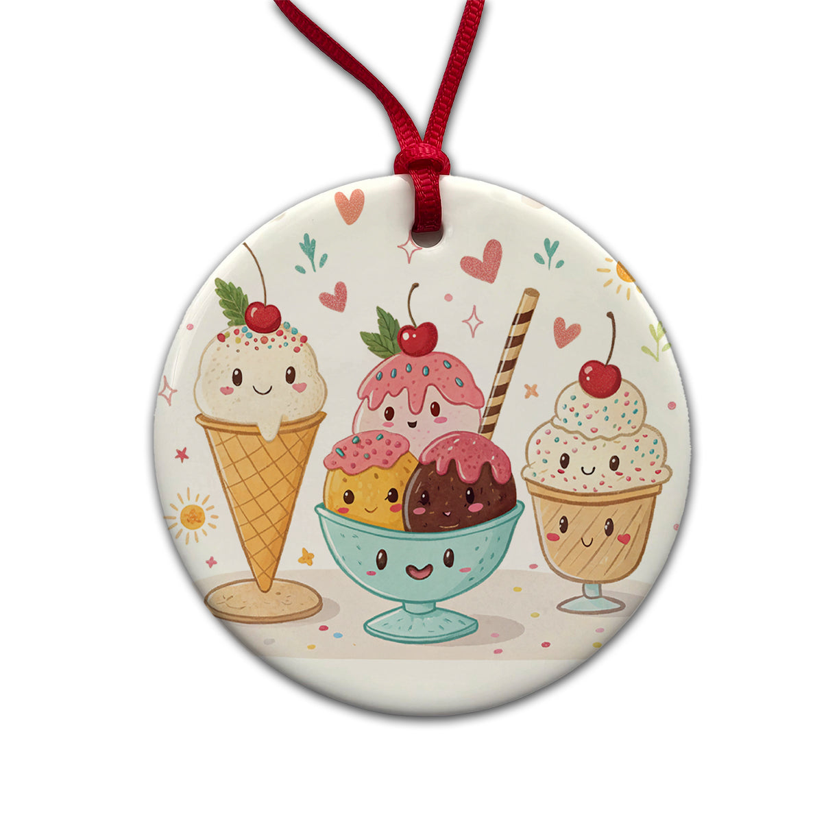 Kawaii Ice Cream Sundaes Round Ceramic Holiday Christmas Tree Ornament