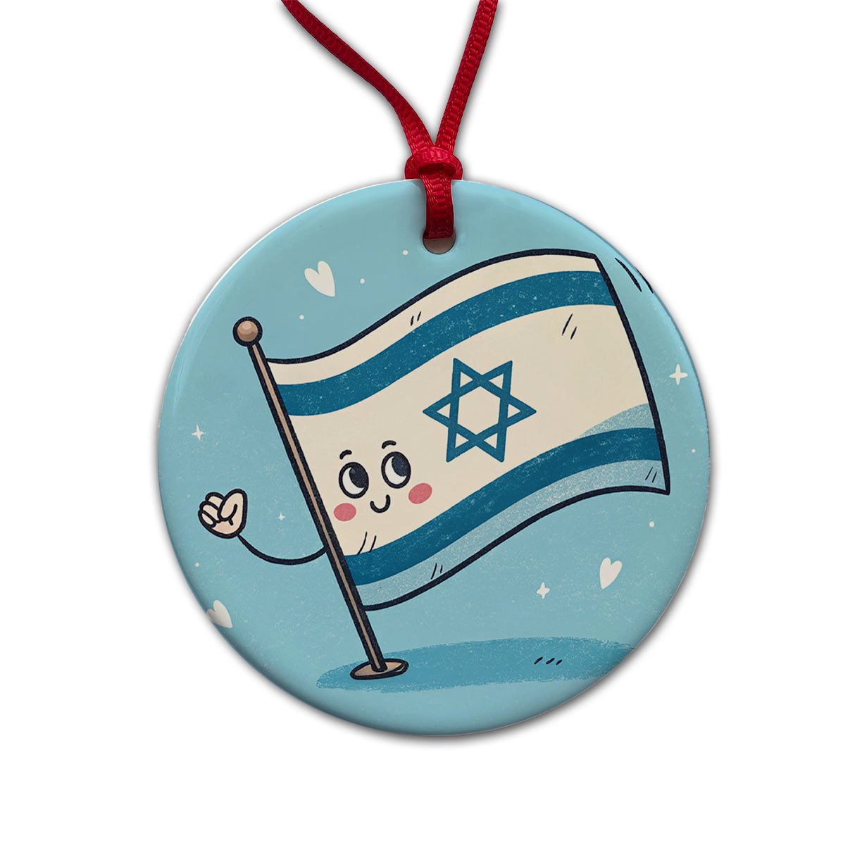 Kawaii Israel Flag Round Ceramic Holiday Christmas Tree Ornament