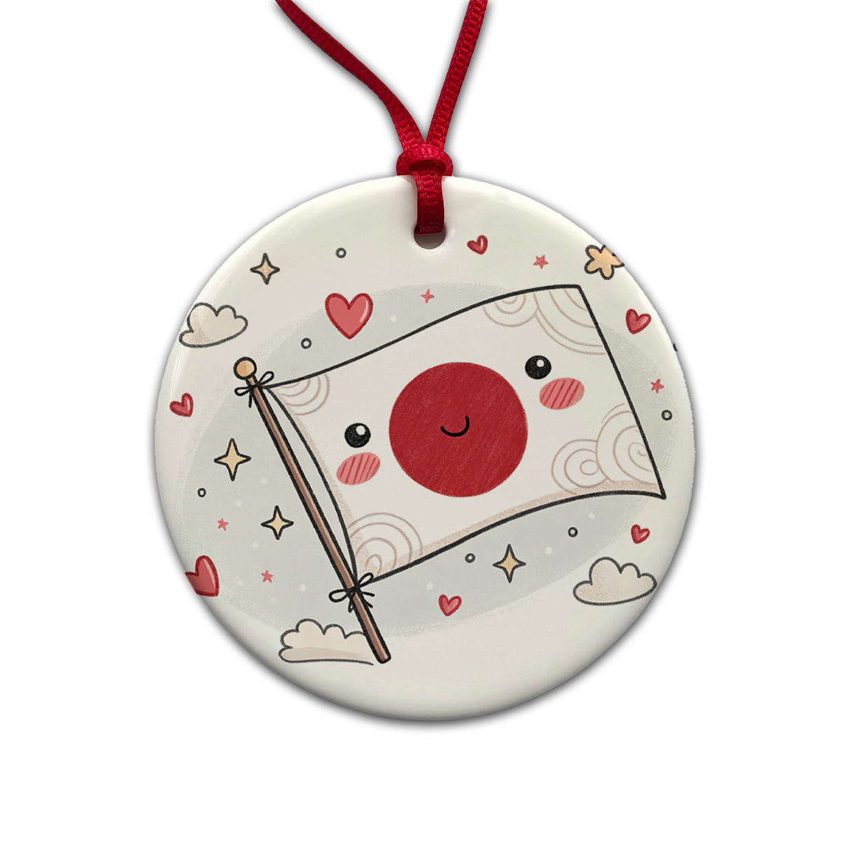 Kawaii Japan Flag Round Ceramic Holiday Christmas Tree Ornament