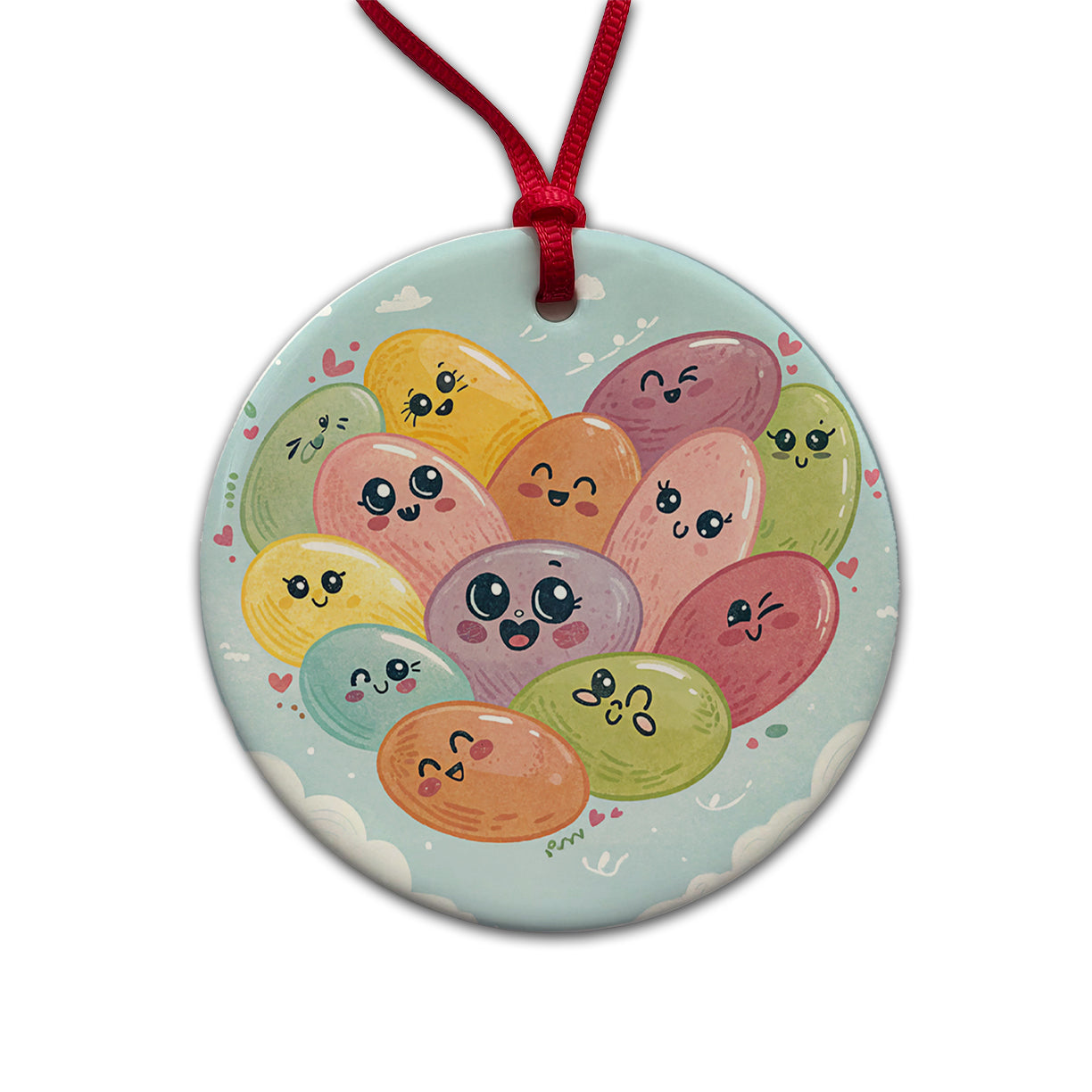 Kawaii Jelly Beans Heart Round Ceramic Holiday Christmas Tree Ornament
