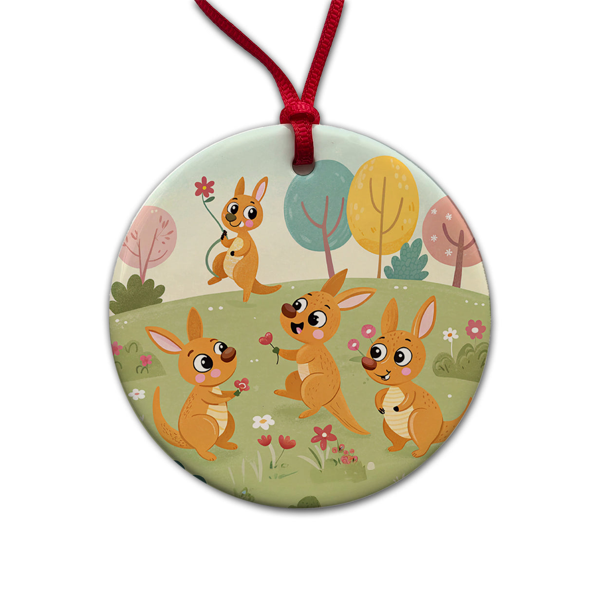 Kawaii Kangaroos Round Ceramic Holiday Christmas Tree Ornament