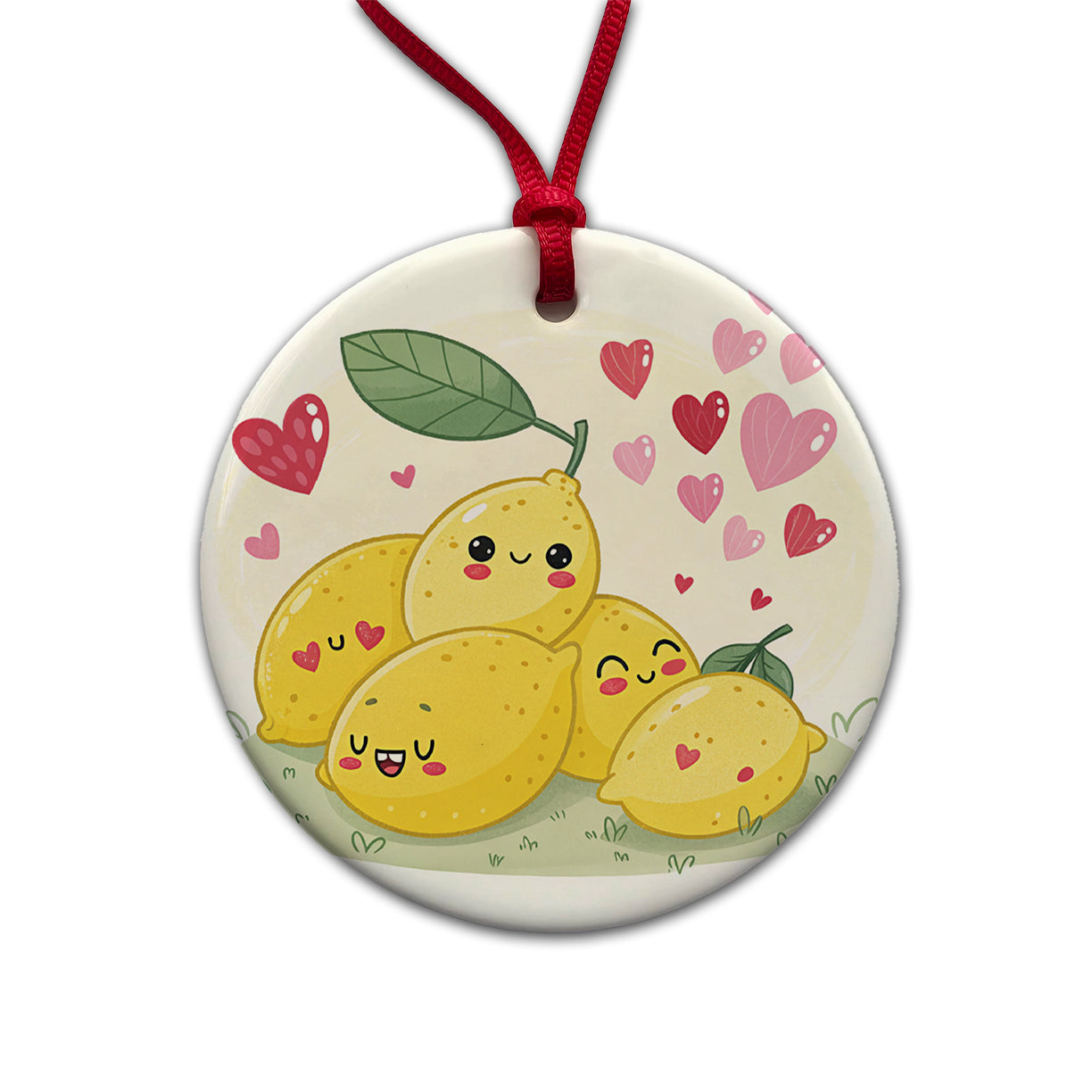 Kawaii Lemons And Hearts Round Ceramic Holiday Christmas Tree Ornament