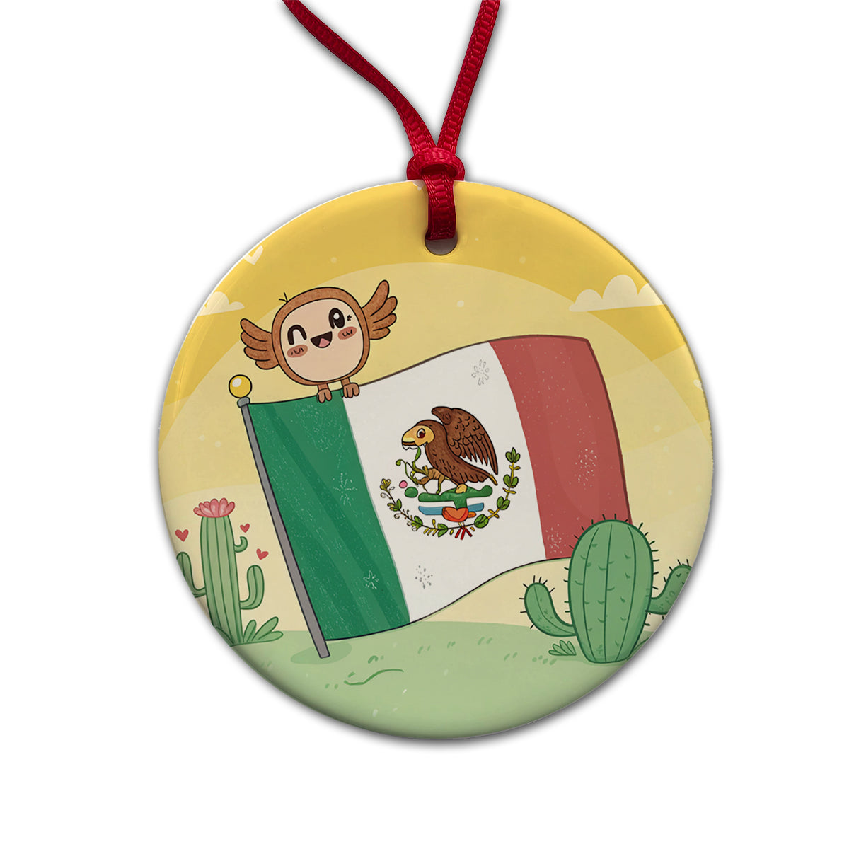 Kawaii Mexico Mexican Flag Round Ceramic Holiday Christmas Tree Ornament