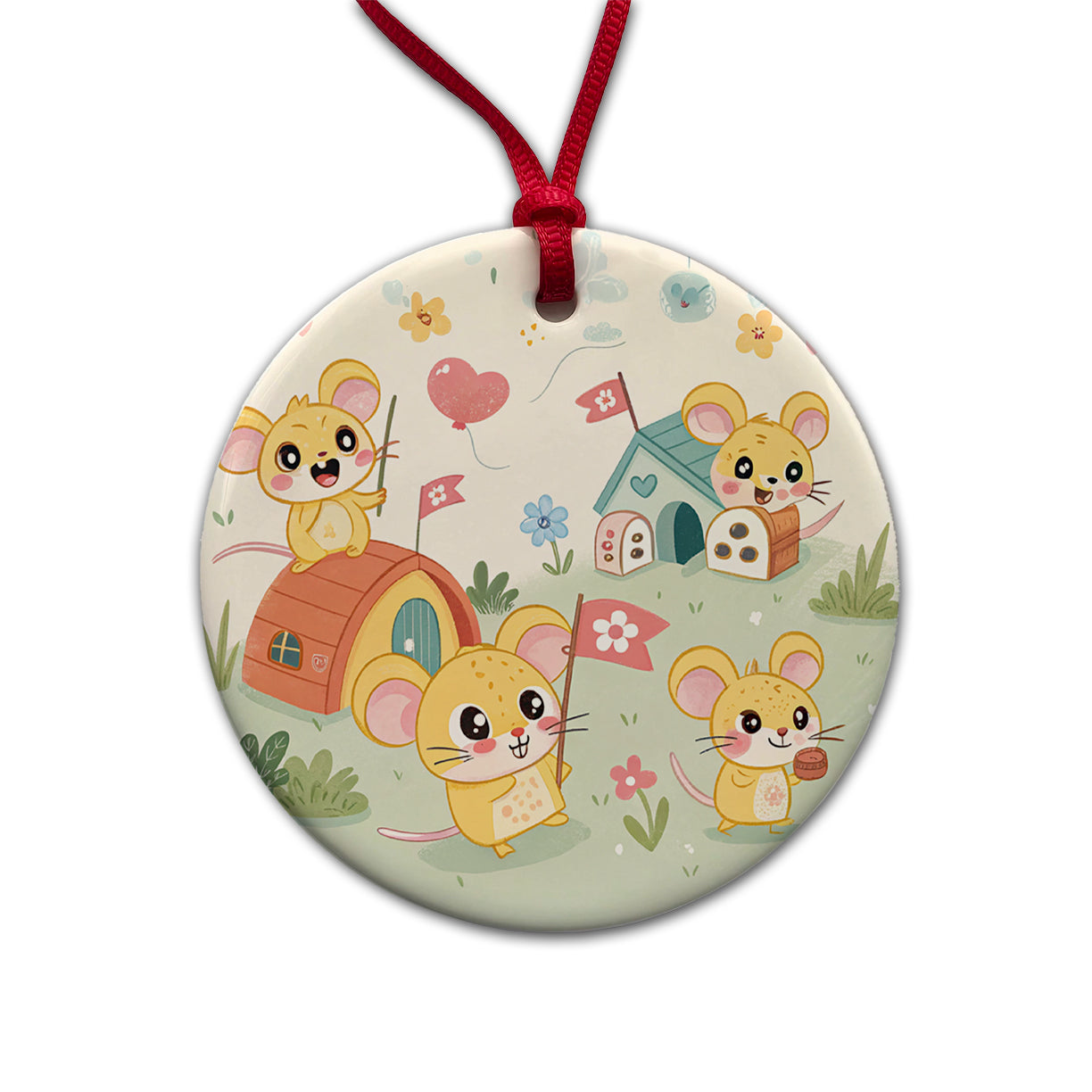 Kawaii Mice Mouse Round Ceramic Holiday Christmas Tree Ornament