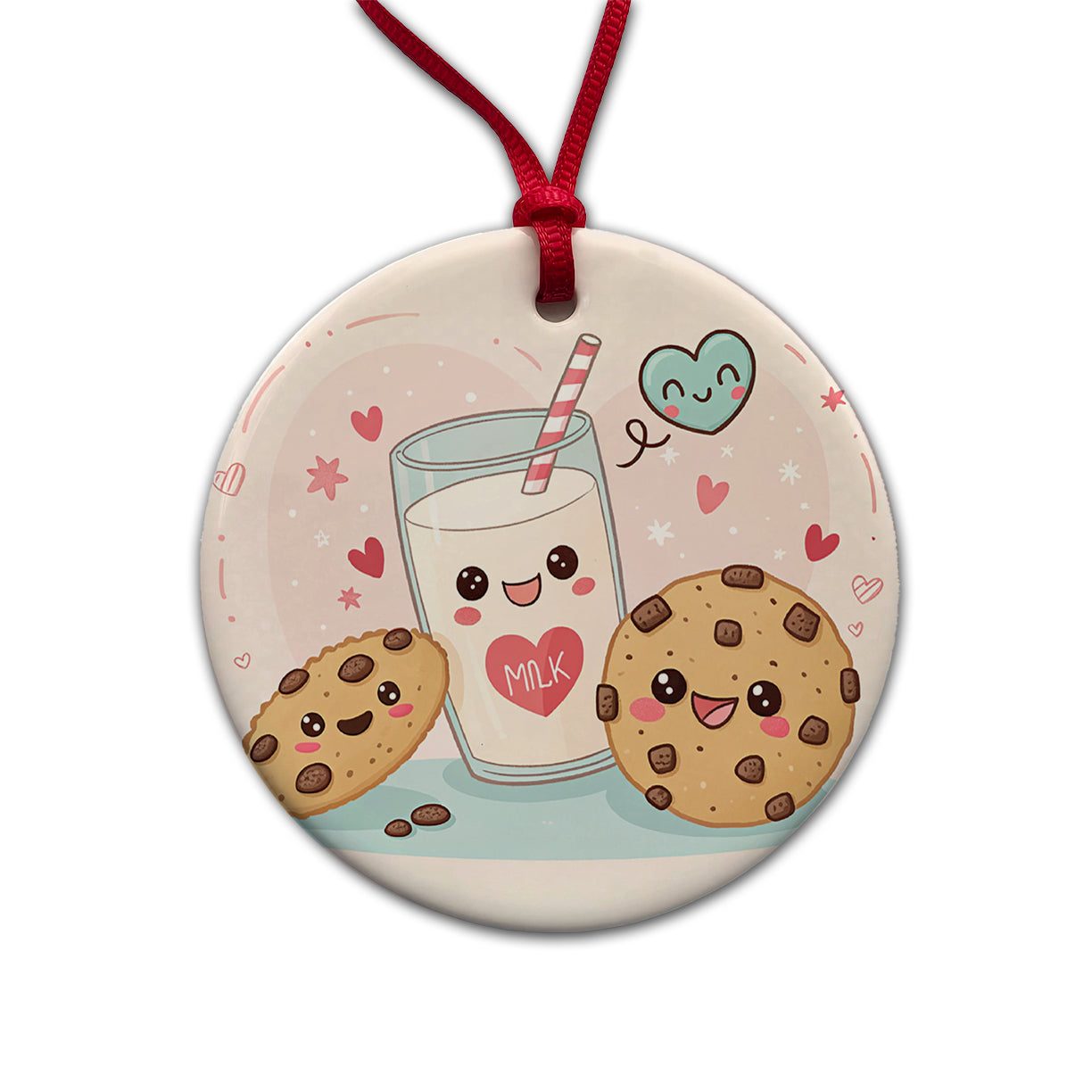 Kawaii Milk And Cookies Round Ceramic Holiday Christmas Tree Ornament