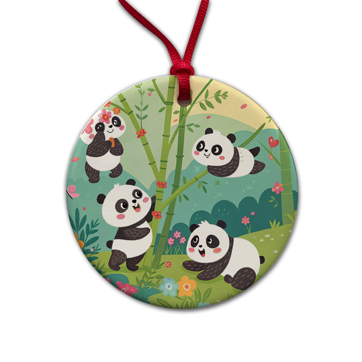 Kawaii Pandas Round Ceramic Holiday Christmas Tree Ornament