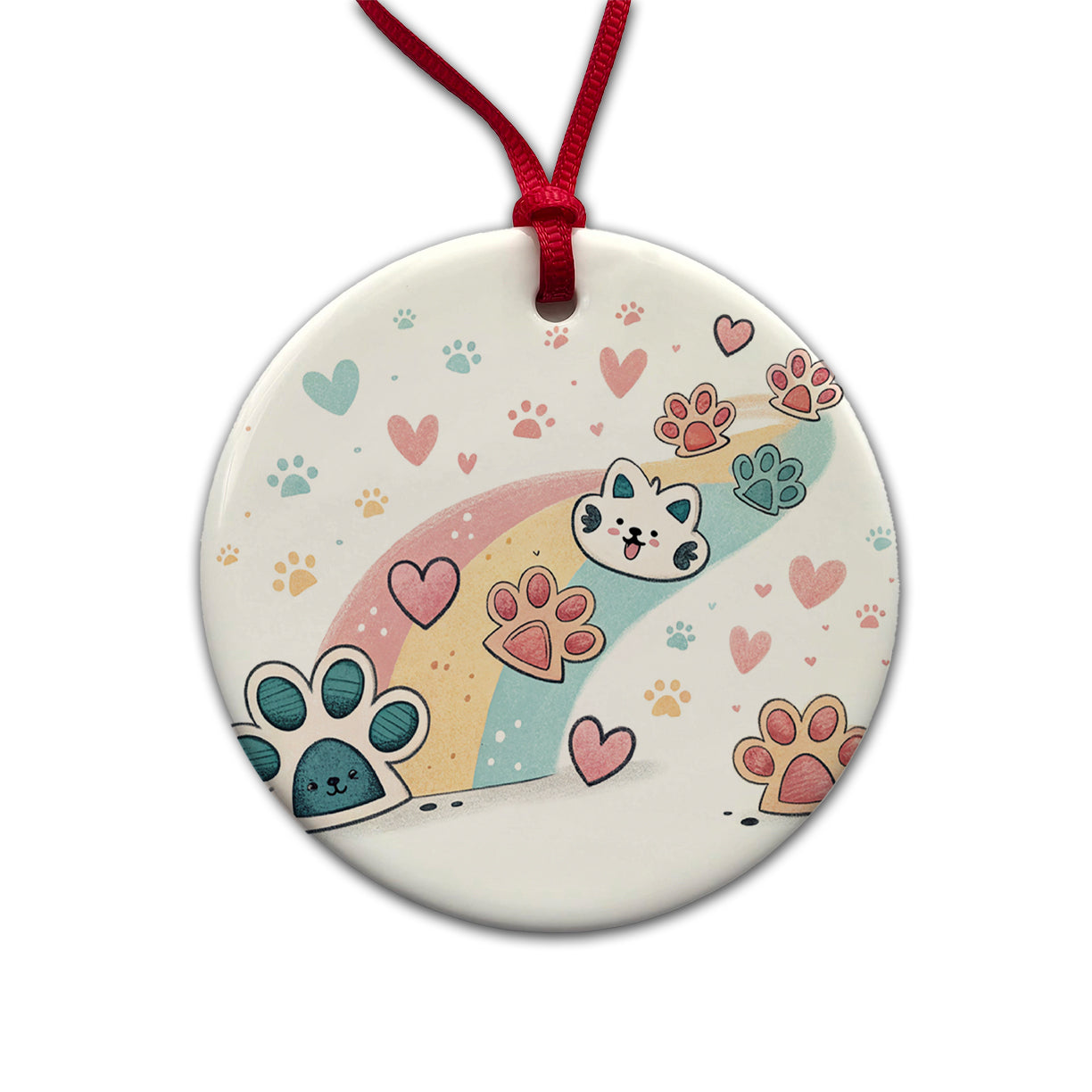Kawaii Paw Prints And Hearts Sty Round Ceramic Holiday Christmas Tree Ornament
