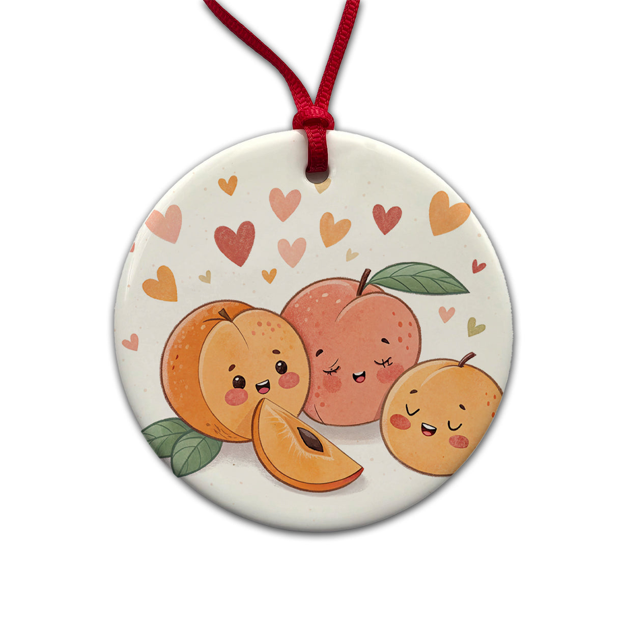 Kawaii Peaches And Hearts Round Ceramic Holiday Christmas Tree Ornament