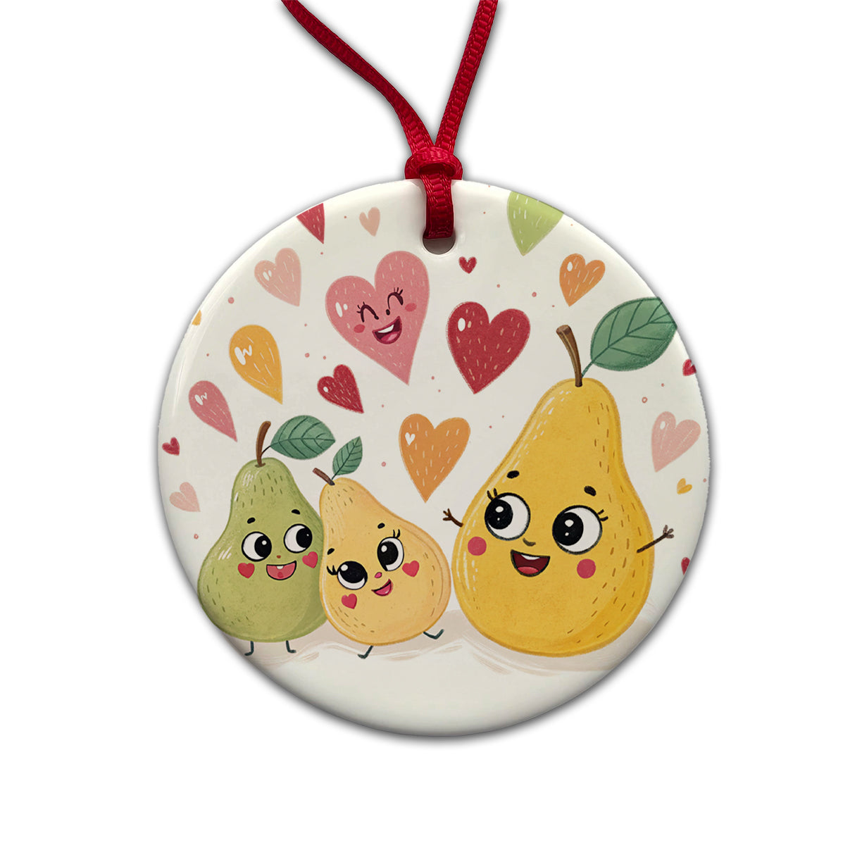 Kawaii Pears And Hearts Round Ceramic Holiday Christmas Tree Ornament