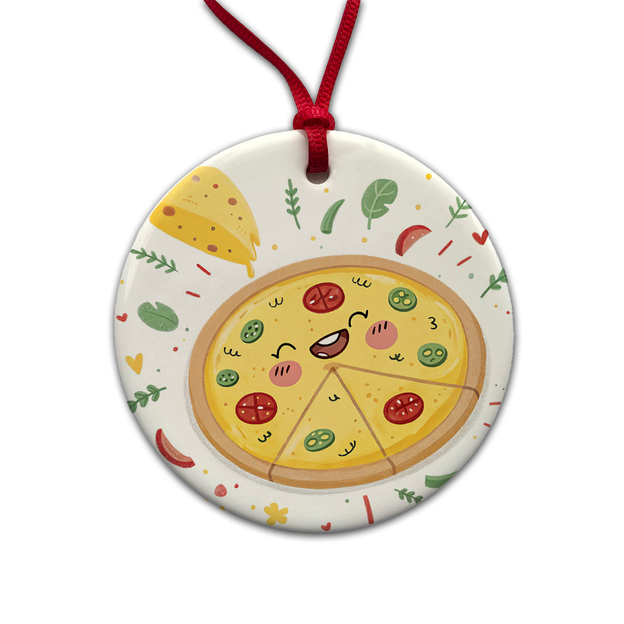 Kawaii Pizza Round Ceramic Holiday Christmas Tree Ornament