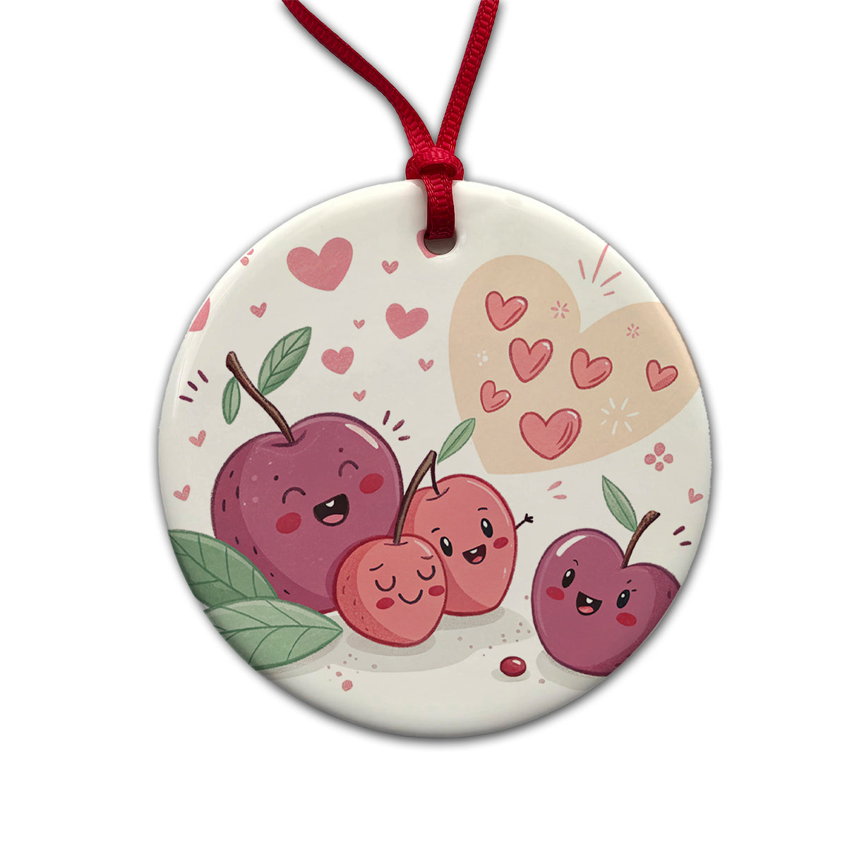 Kawaii Plums And Hearts Round Ceramic Holiday Christmas Tree Ornament