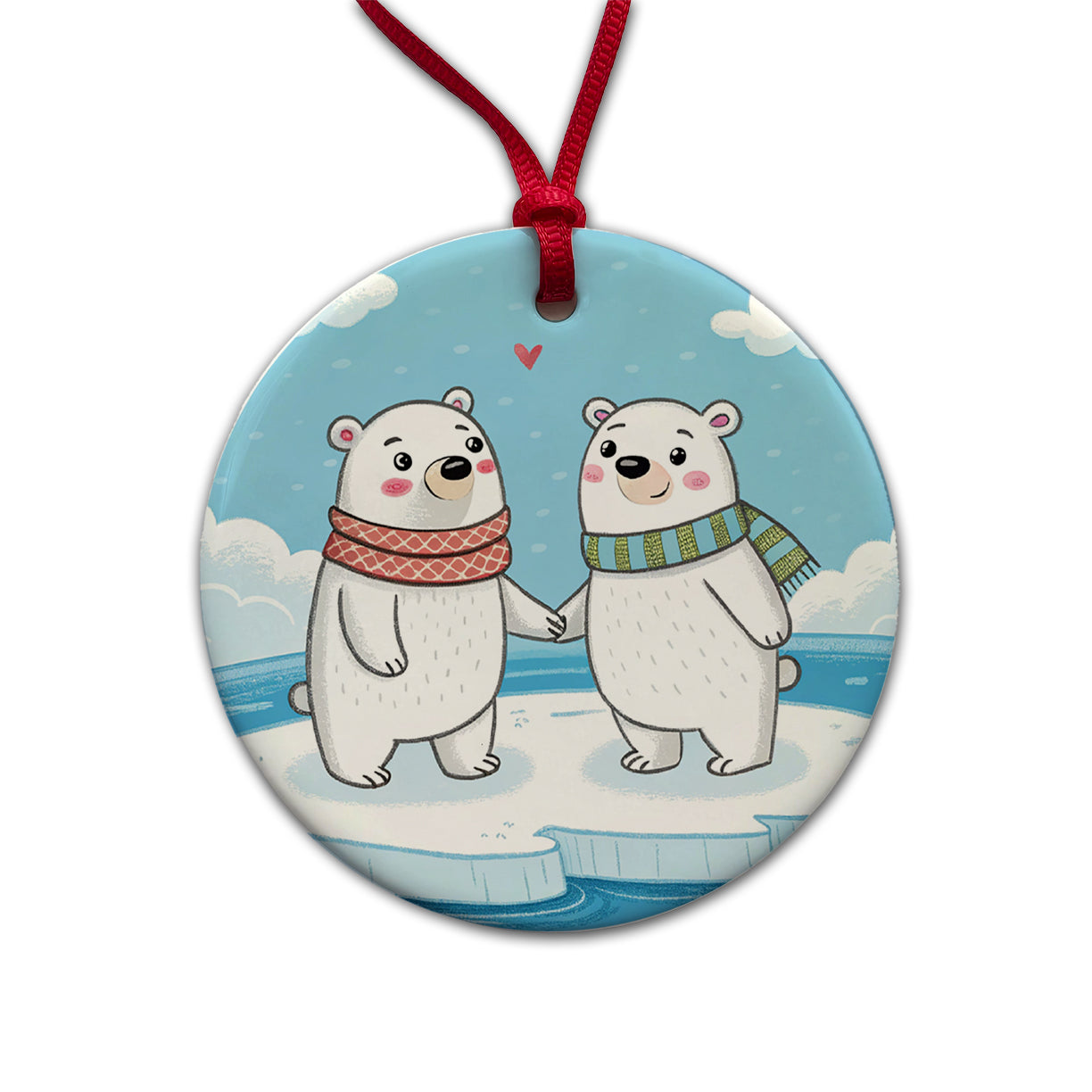 Kawaii Polar Bears In Love Valentine's Day Round Ceramic Holiday Christmas Tree Ornament