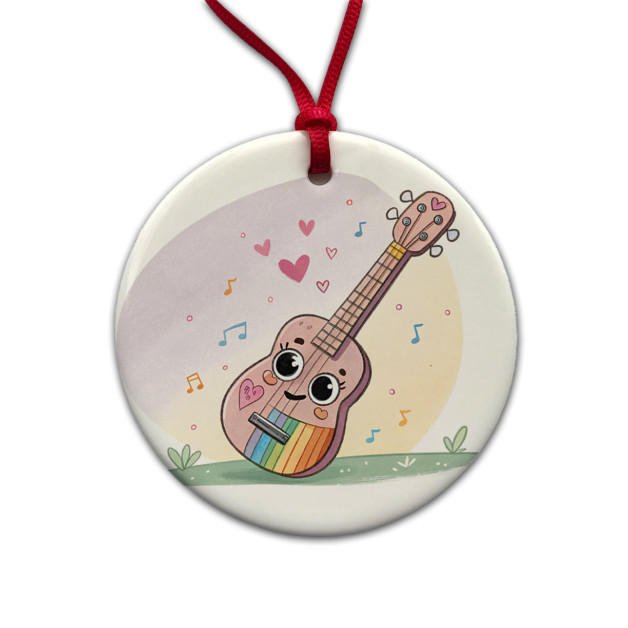 Kawaii Colorful Ukulele Music Round Ceramic Holiday Christmas Tree Ornament