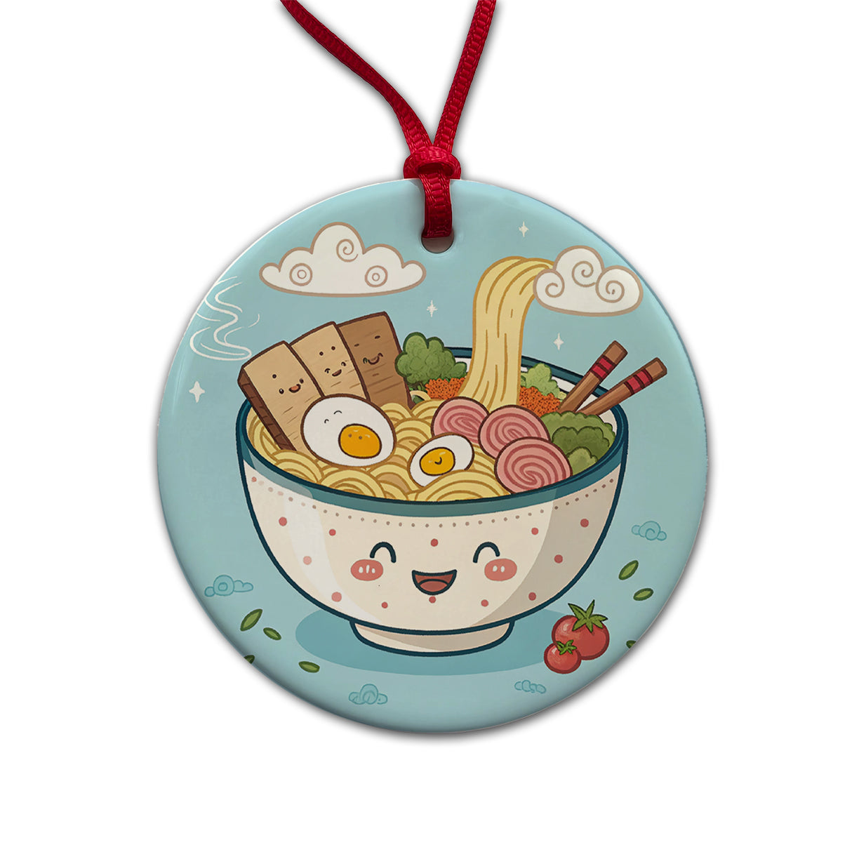 Kawaii Ramen Noodles Round Ceramic Holiday Christmas Tree Ornament