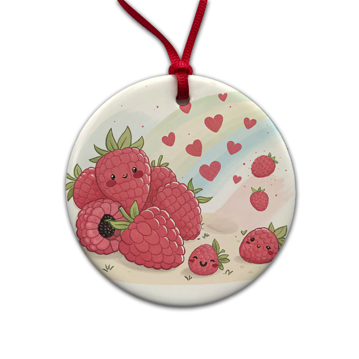 Kawaii Raspberries And Hearts Round Ceramic Holiday Christmas Tree Ornament