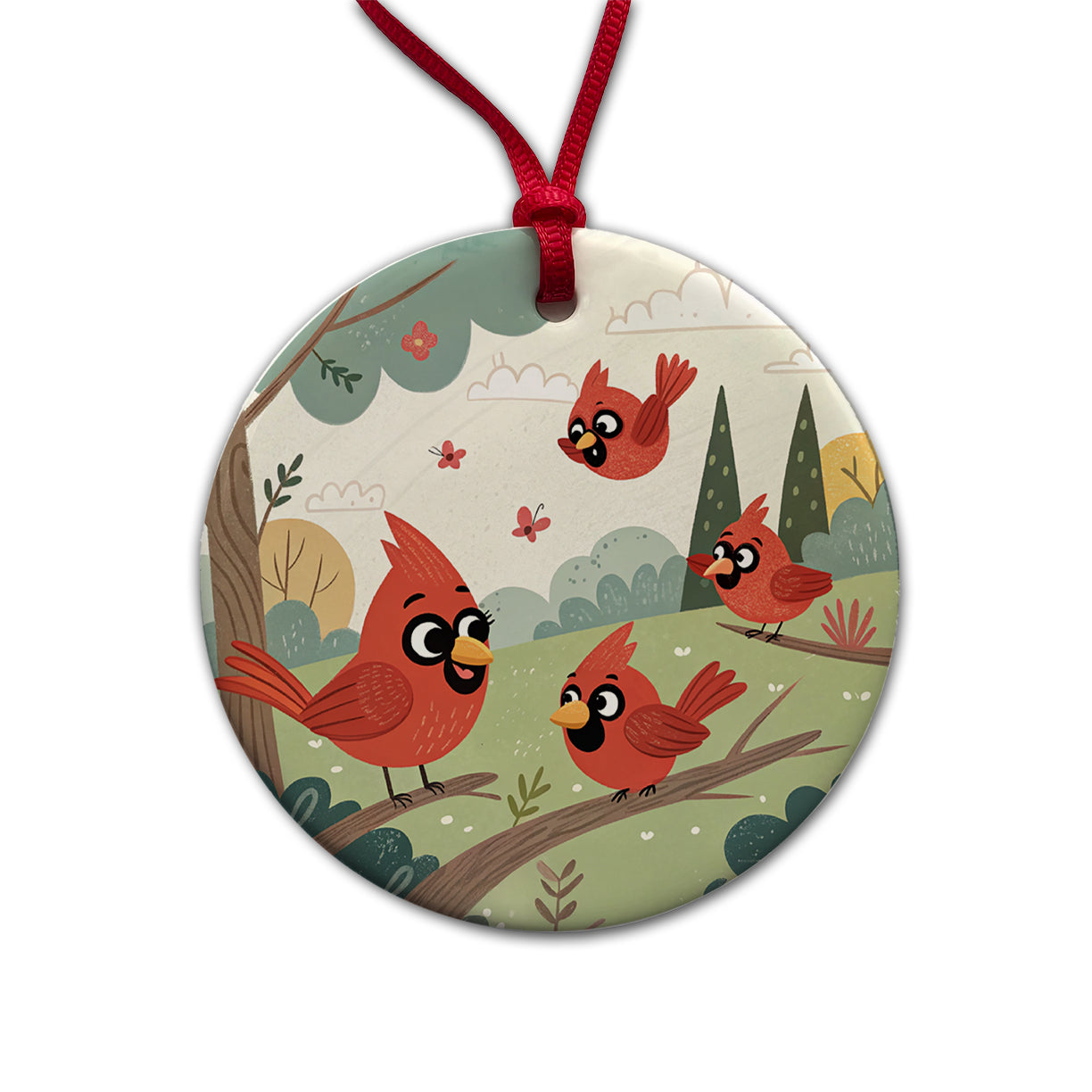 Kawaii Red Cardinals Birds Round Ceramic Holiday Christmas Tree Ornament