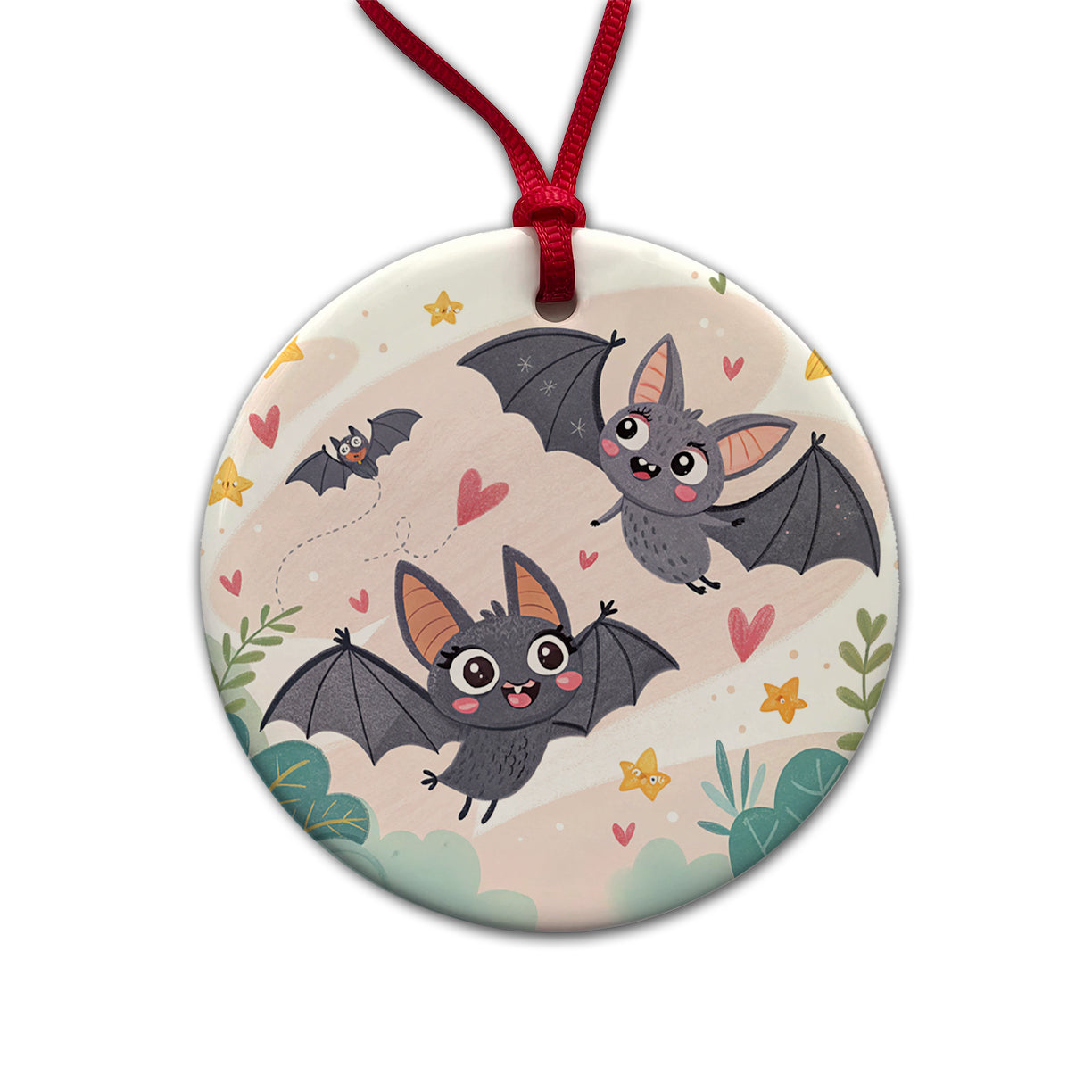 Kawaii Scattered Bats Round Ceramic Holiday Christmas Tree Ornament