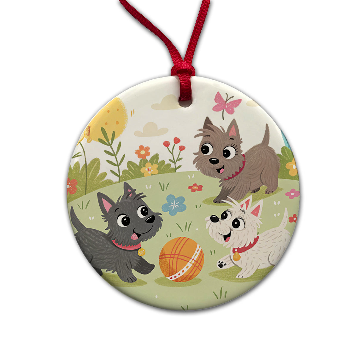 Kawaii Scottish Terriers Dogs Round Ceramic Holiday Christmas Tree Ornament