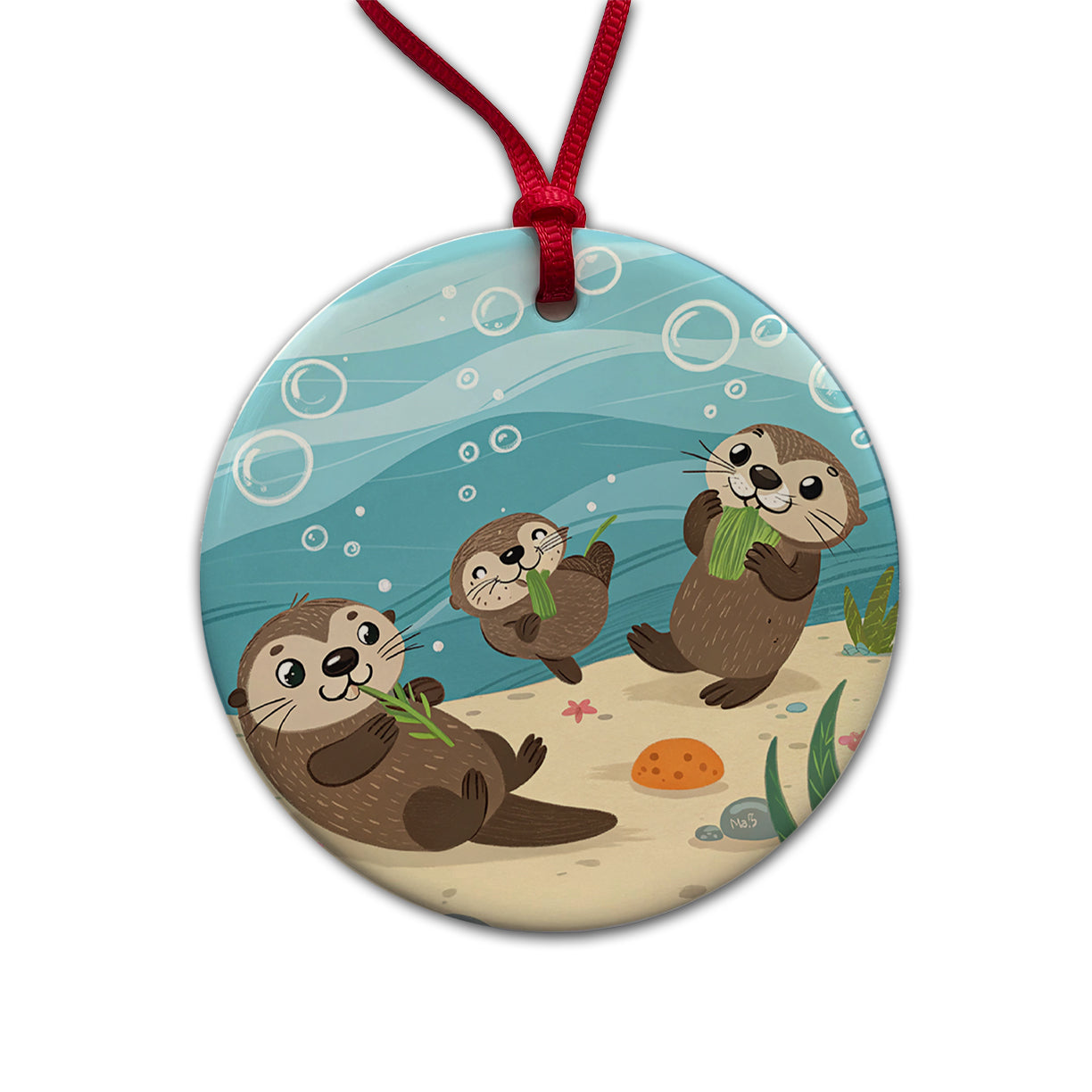 Kawaii Sea Otters Round Ceramic Holiday Christmas Tree Ornament