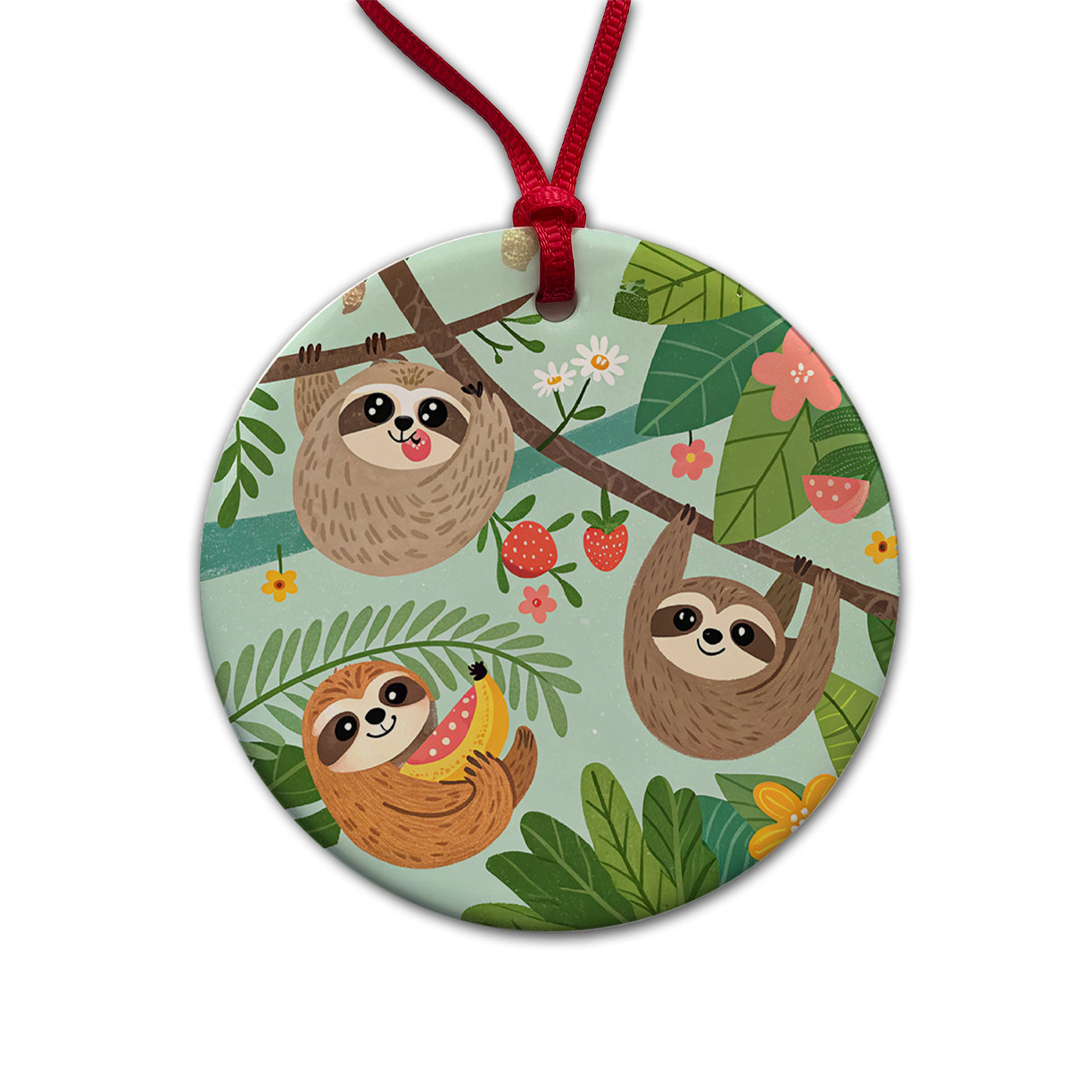 Kawaii Sloths Round Ceramic Holiday Christmas Tree Ornament