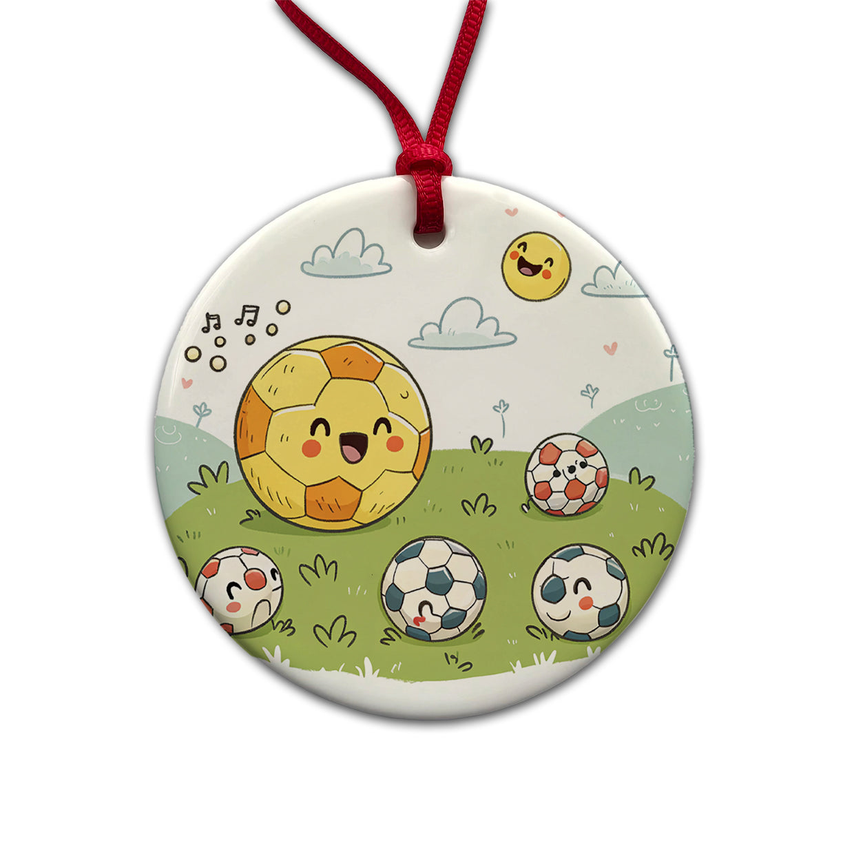 Kawaii Soccer Balls Round Ceramic Holiday Christmas Tree Ornament