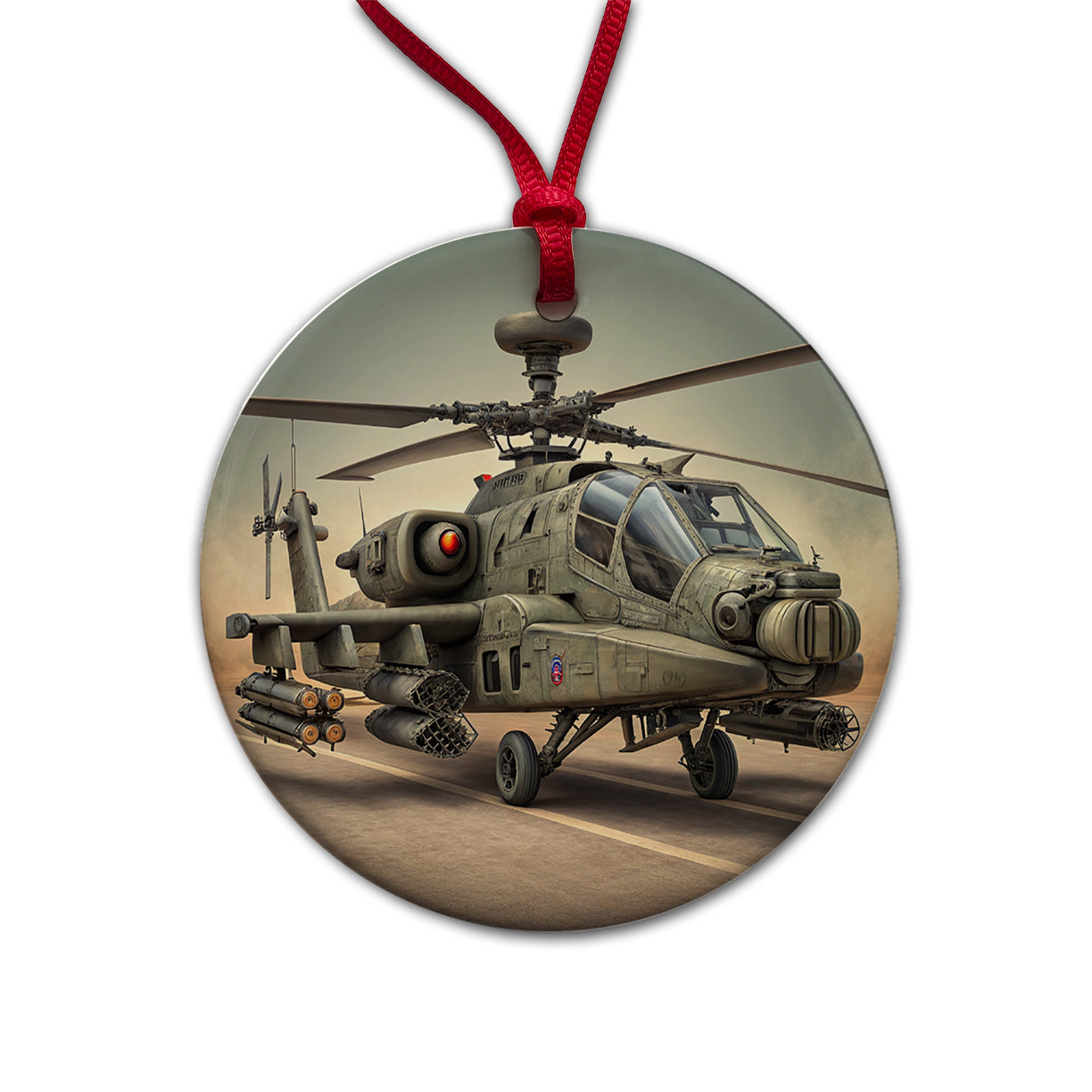 AH-64 Apache US Army Attack Helicopter Round Ceramic Holiday Christmas Tree Ornament