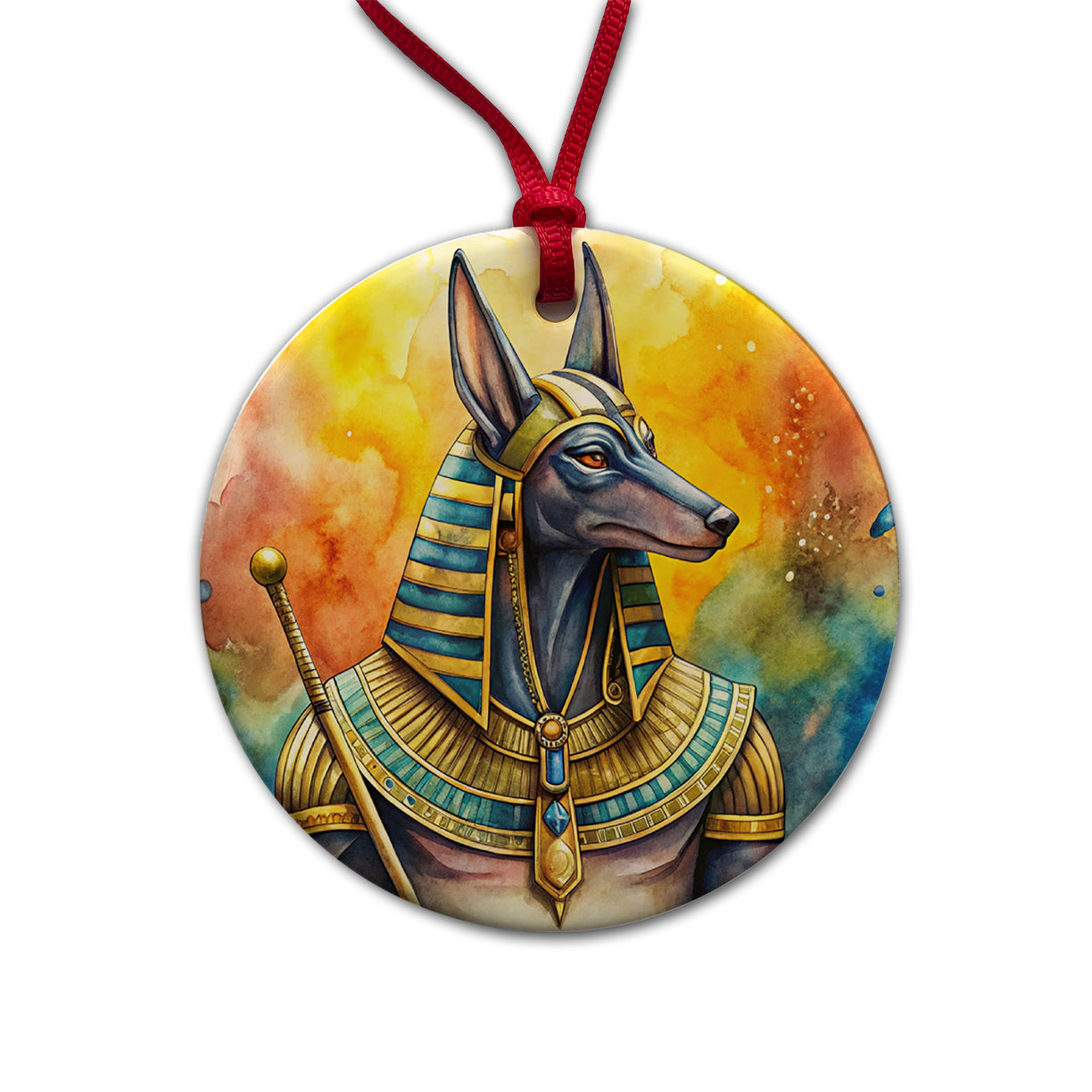 Ancient Egyptian God Anubis Watercolor Round Ceramic Holiday Christmas Tree Ornament