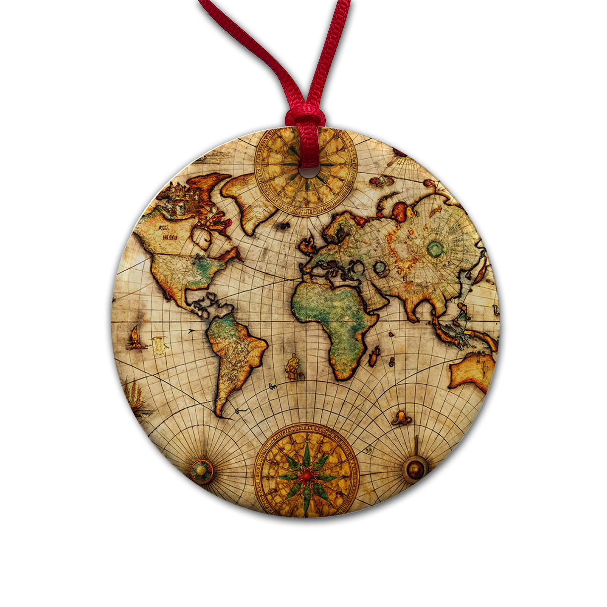 Ancient Maritime Nautical World Map Round Ceramic Holiday Christmas Tree Ornament