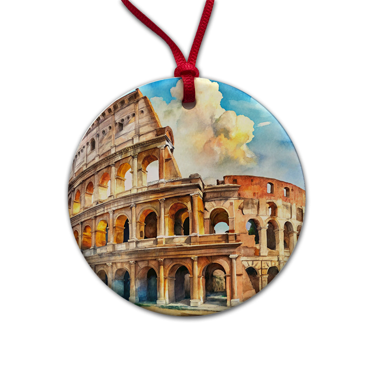 Ancient Rome Coliseum Watercolor Round Ceramic Holiday Christmas Tree Ornament