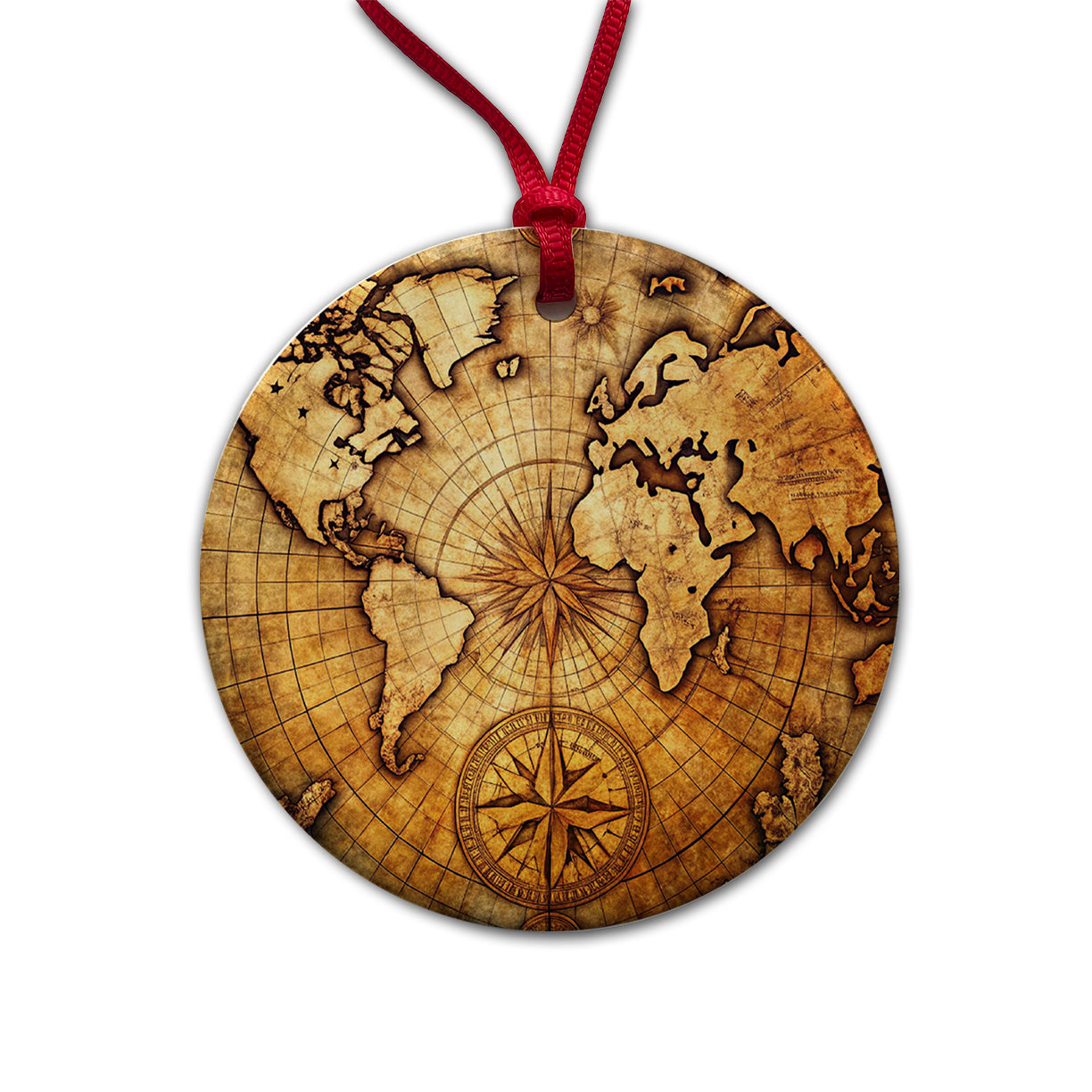 Ancient World Map with Compass Rose Round Ceramic Holiday Christmas Tree Ornament