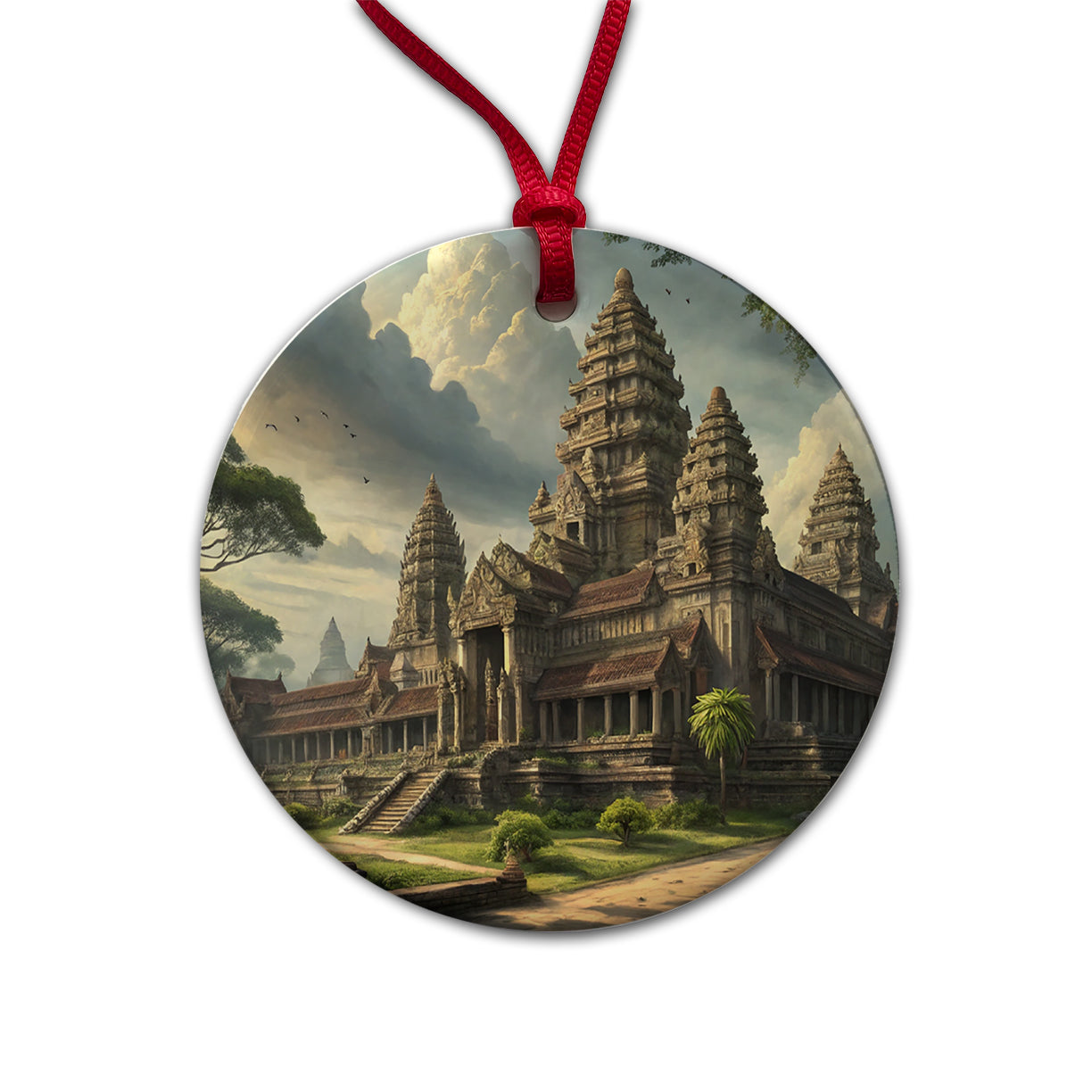 Angkor Wat Hindu Buddhist Temple Cambodia Round Ceramic Holiday Christmas Tree Ornament