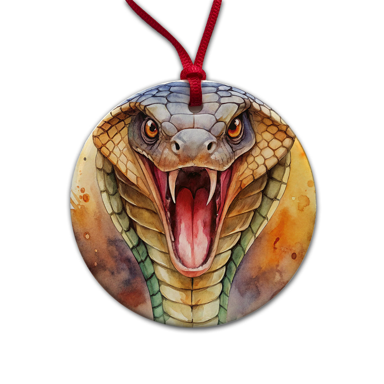 Angry Cobra Snake Reptile Close-up Watercolor Round Ceramic Holiday Christmas Tree Ornament