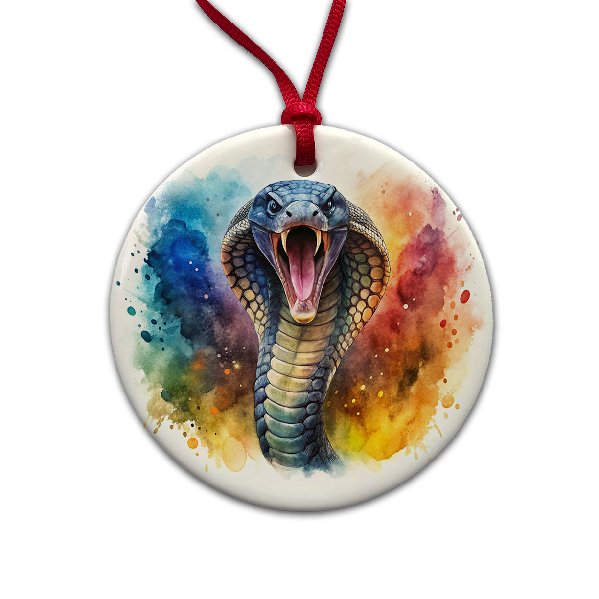 Angry Cobra Snake Reptile Watercolor Round Ceramic Holiday Christmas Tree Ornament