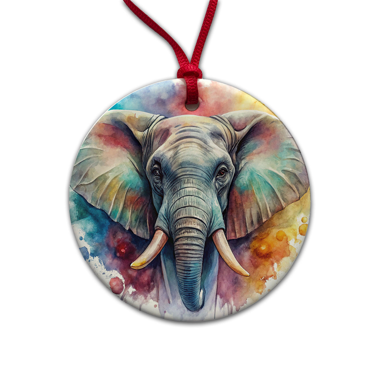 Angry Elephant Colorful Watercolor Round Ceramic Holiday Christmas Tree Ornament