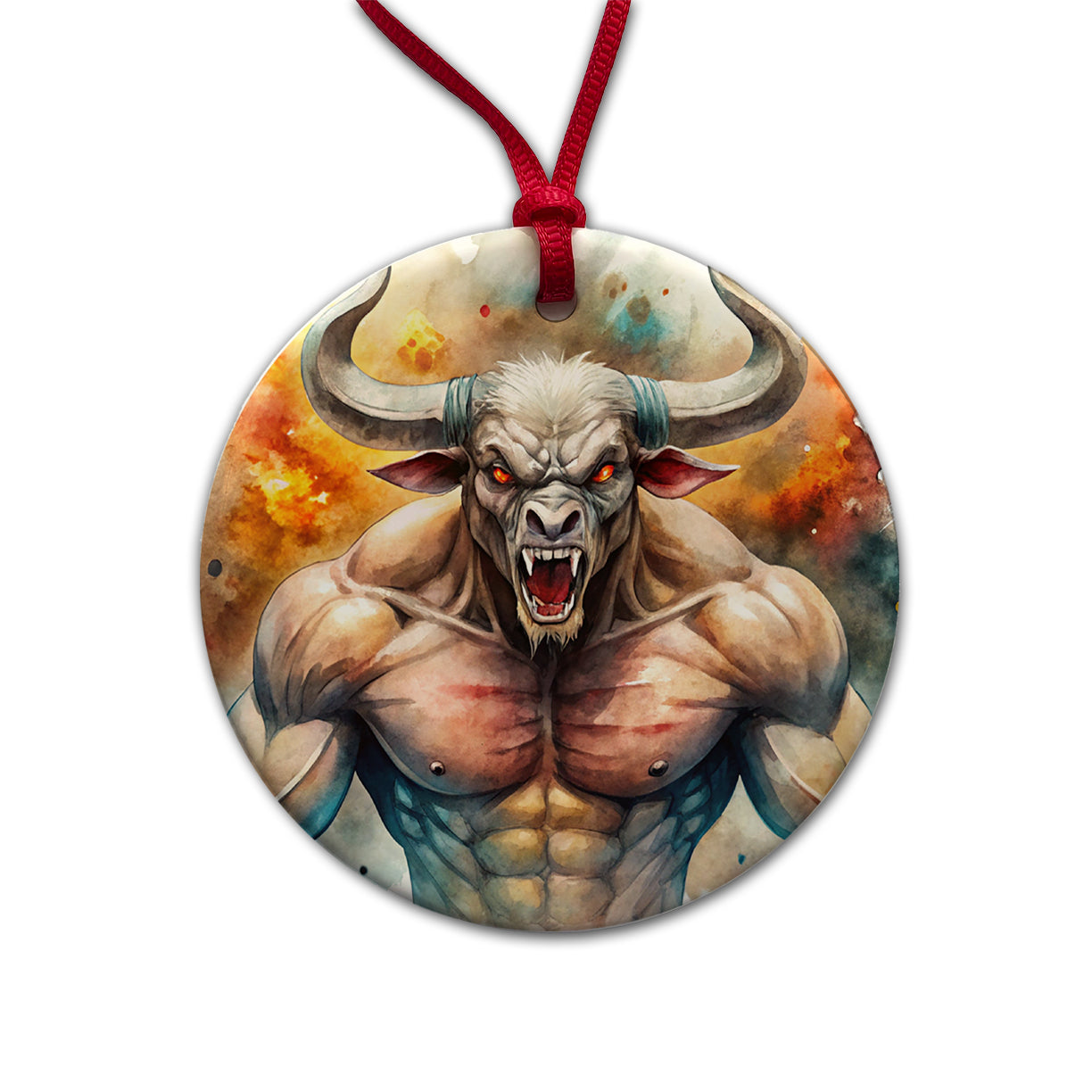 Angry Fantasy Minotaur Watercolor Round Ceramic Holiday Christmas Tree Ornament