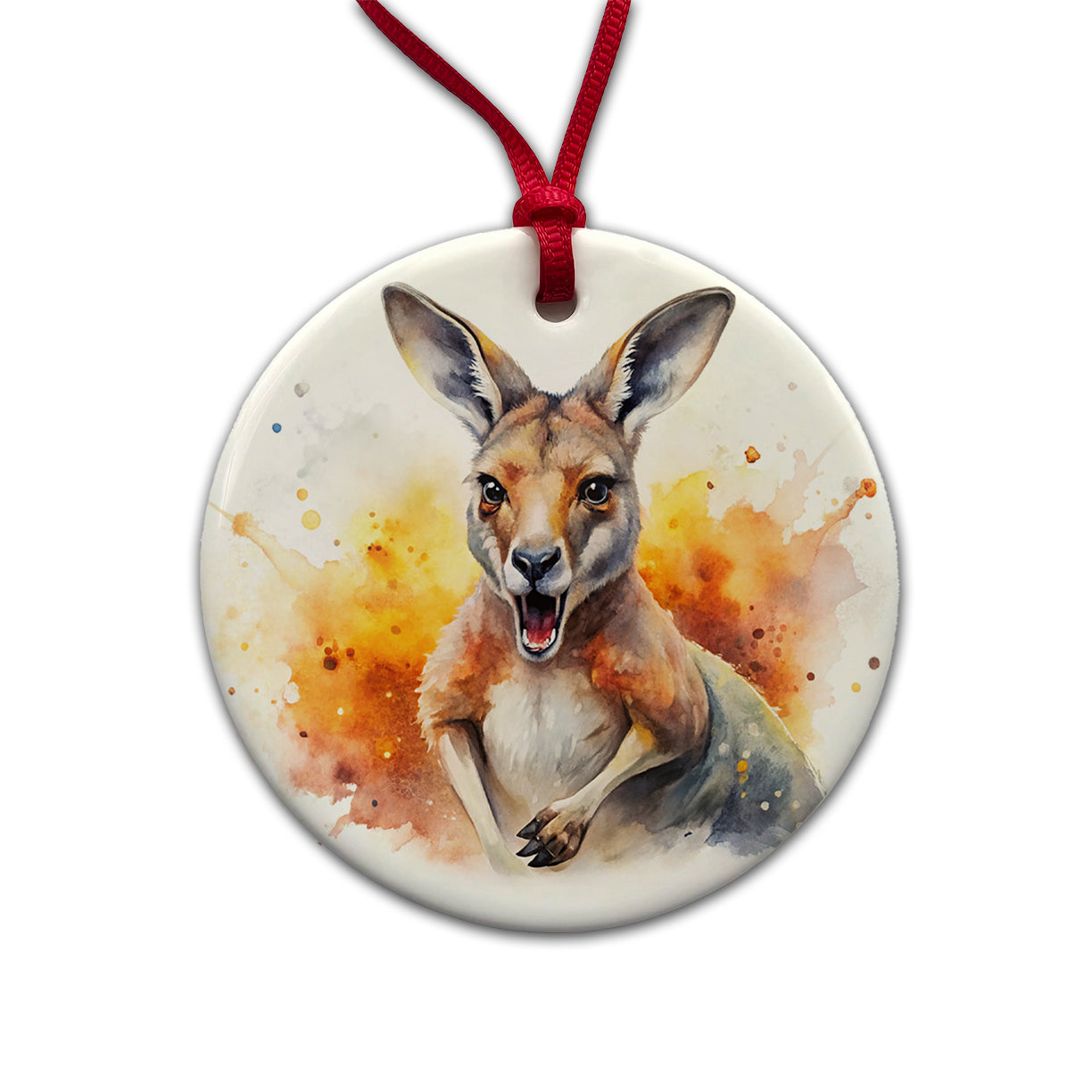 Angry Kangaroo Watercolor Round Ceramic Holiday Christmas Tree Ornament