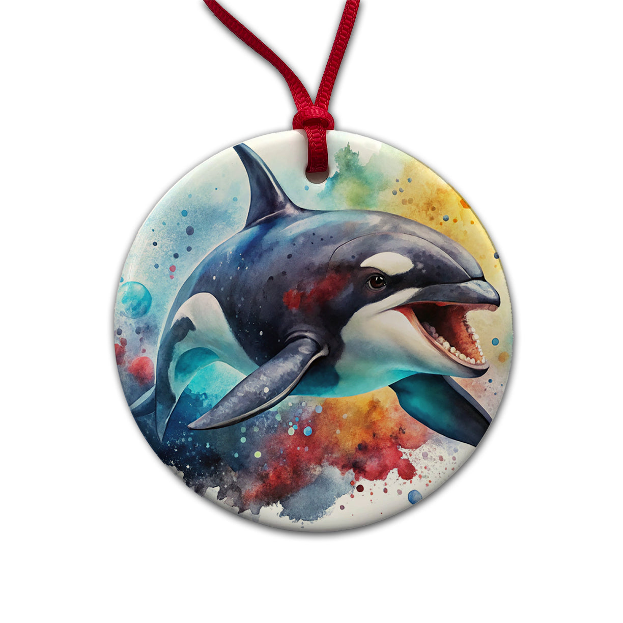 Angry Orca Killer Whale Watercolor Round Ceramic Holiday Christmas Tree Ornament