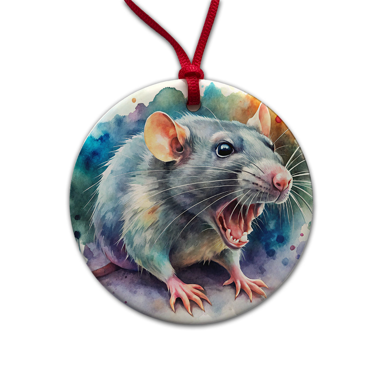 Angry Rat Watercolor Round Ceramic Holiday Christmas Tree Ornament
