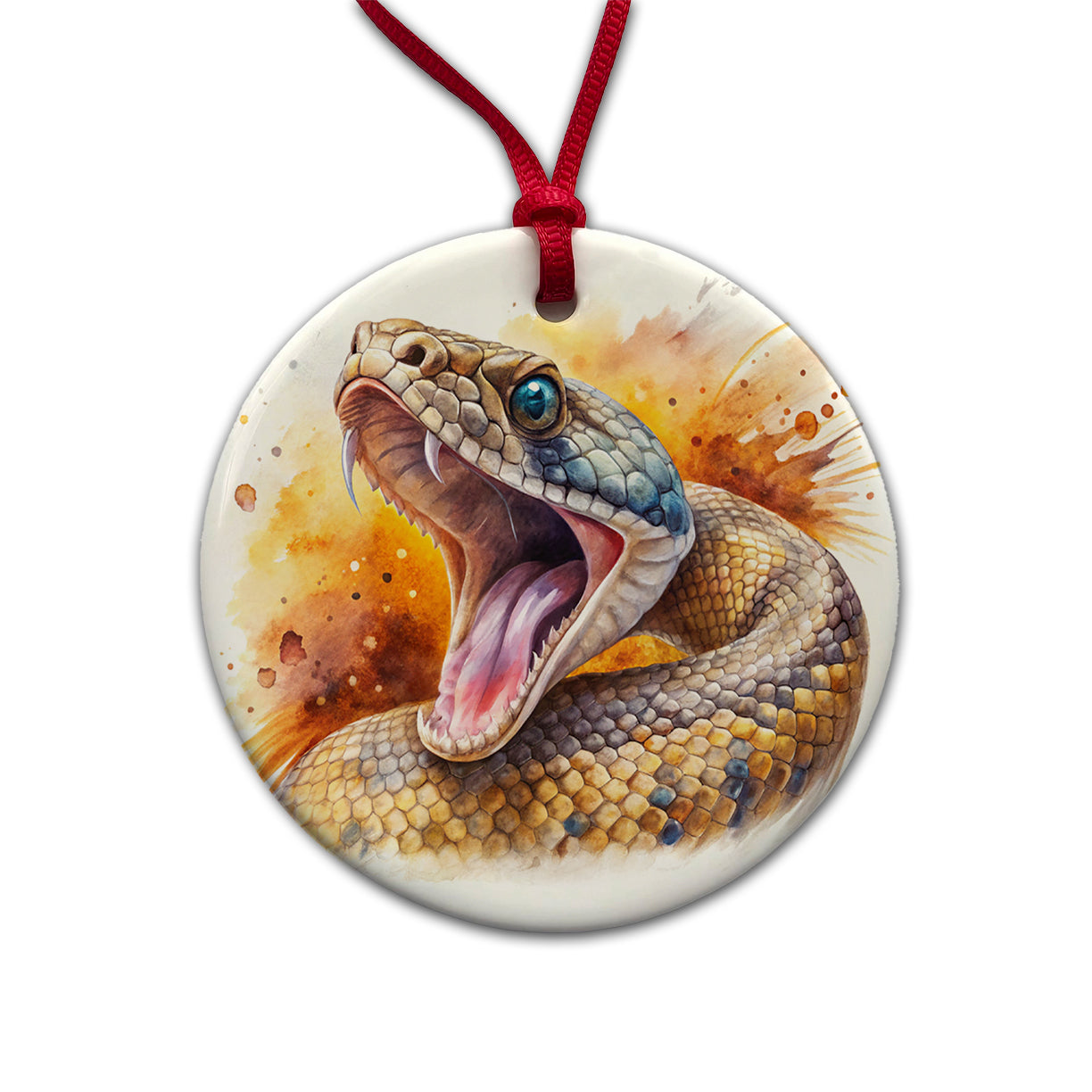 Angry Rattlesnake Snake Reptile Watercolor Round Ceramic Holiday Christmas Tree Ornament