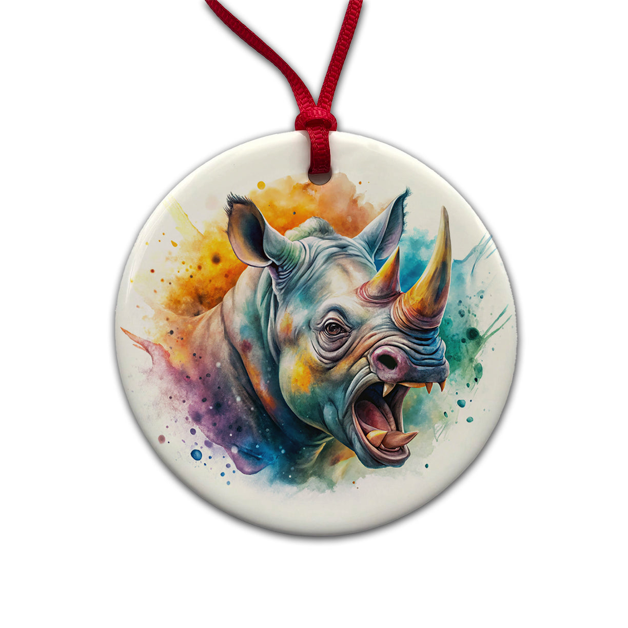 Angry Rhino Rhinoceros Watercolor Round Ceramic Holiday Christmas Tree Ornament