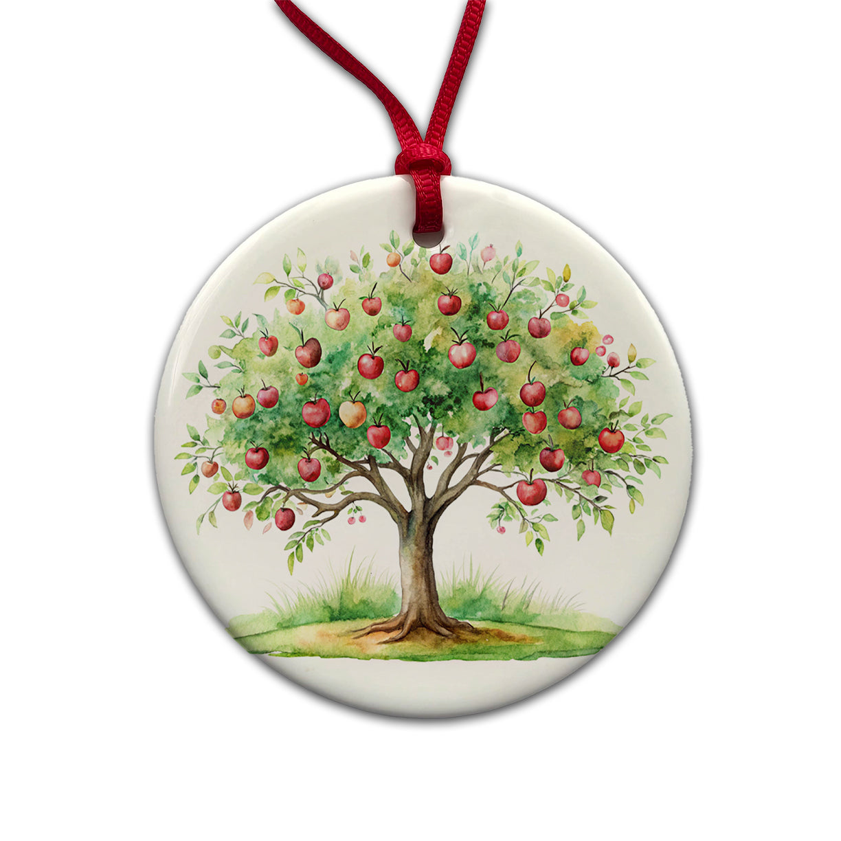 Apple Tree Watercolor Round Ceramic Holiday Christmas Tree Ornament
