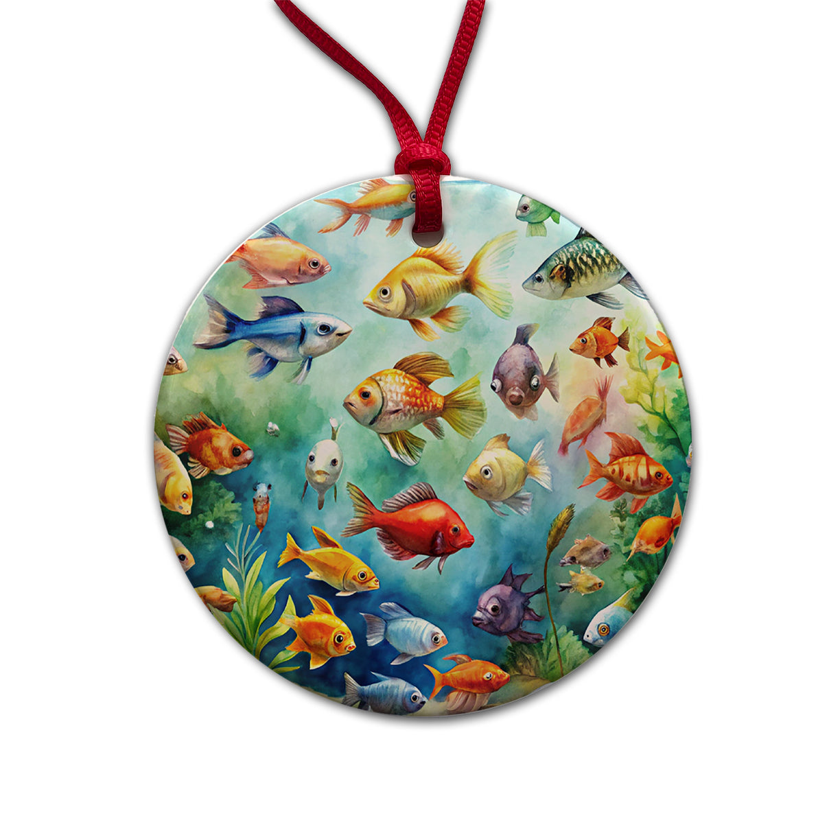 Aquarium Full Of Fish Watercolor Round Ceramic Holiday Christmas Tree Ornament